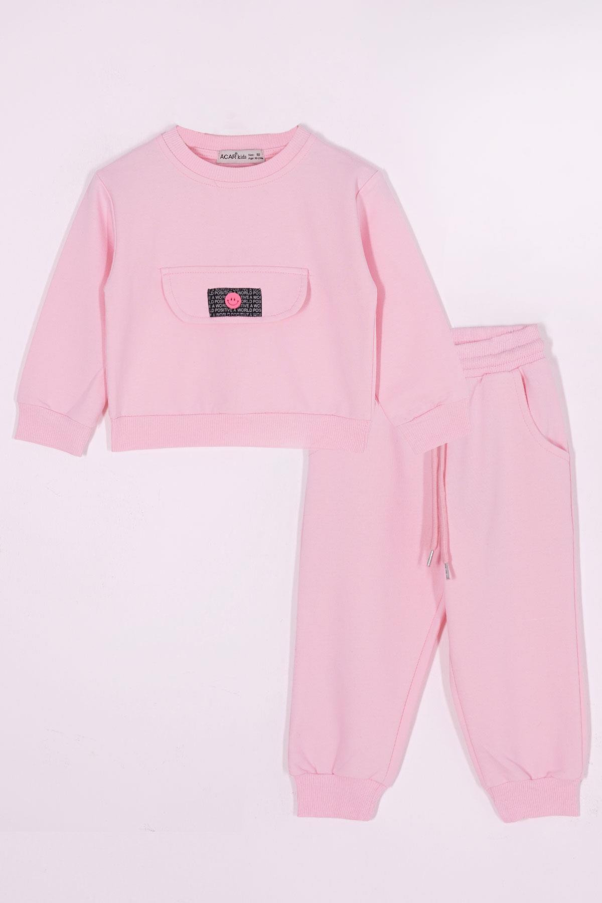 Bisiklet Yaka Uzun Kol Onu Sus Cep Kapaklı Açık Pembe Renk Esofman Takım