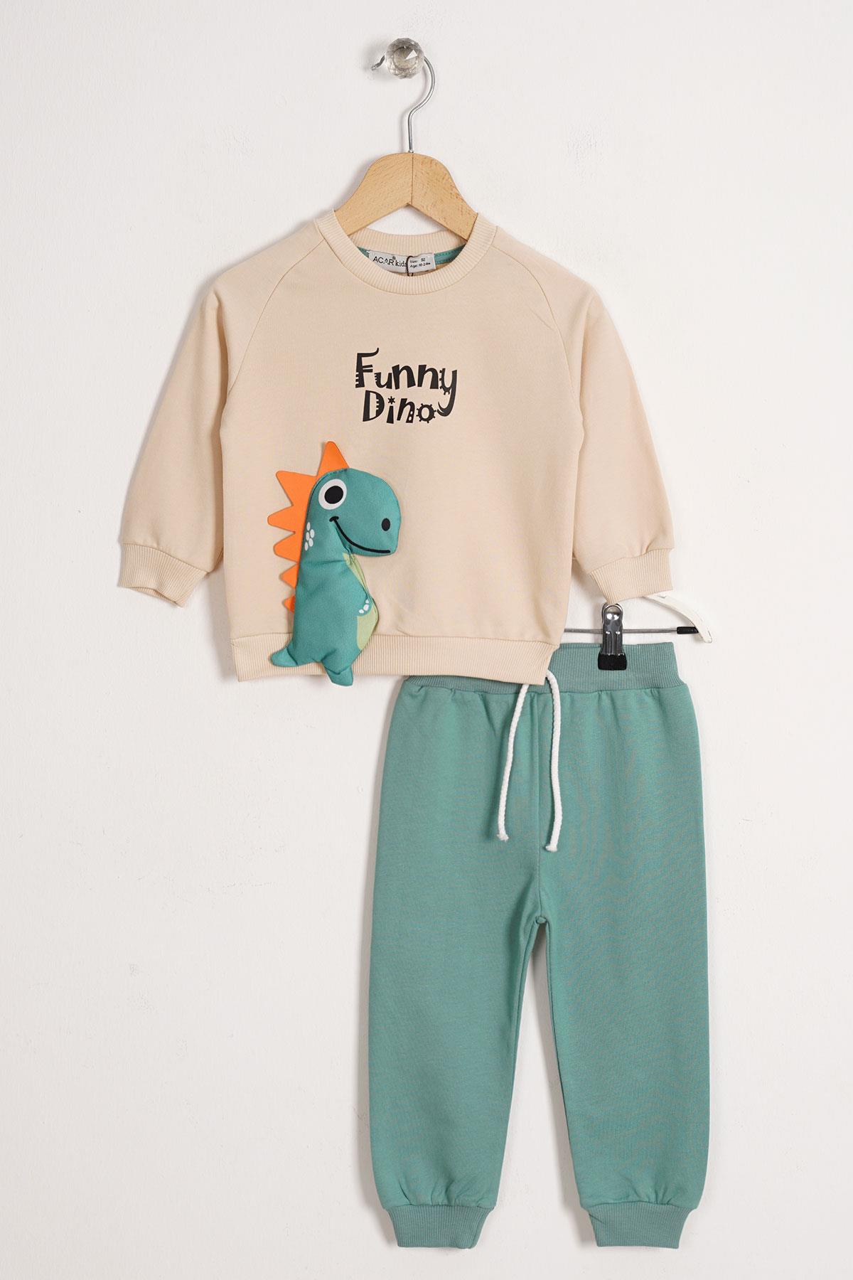Dinazor Figürlü Yazı Baskılı Çağla Yeşili Renk Erkek Çocuk İkili Takım
