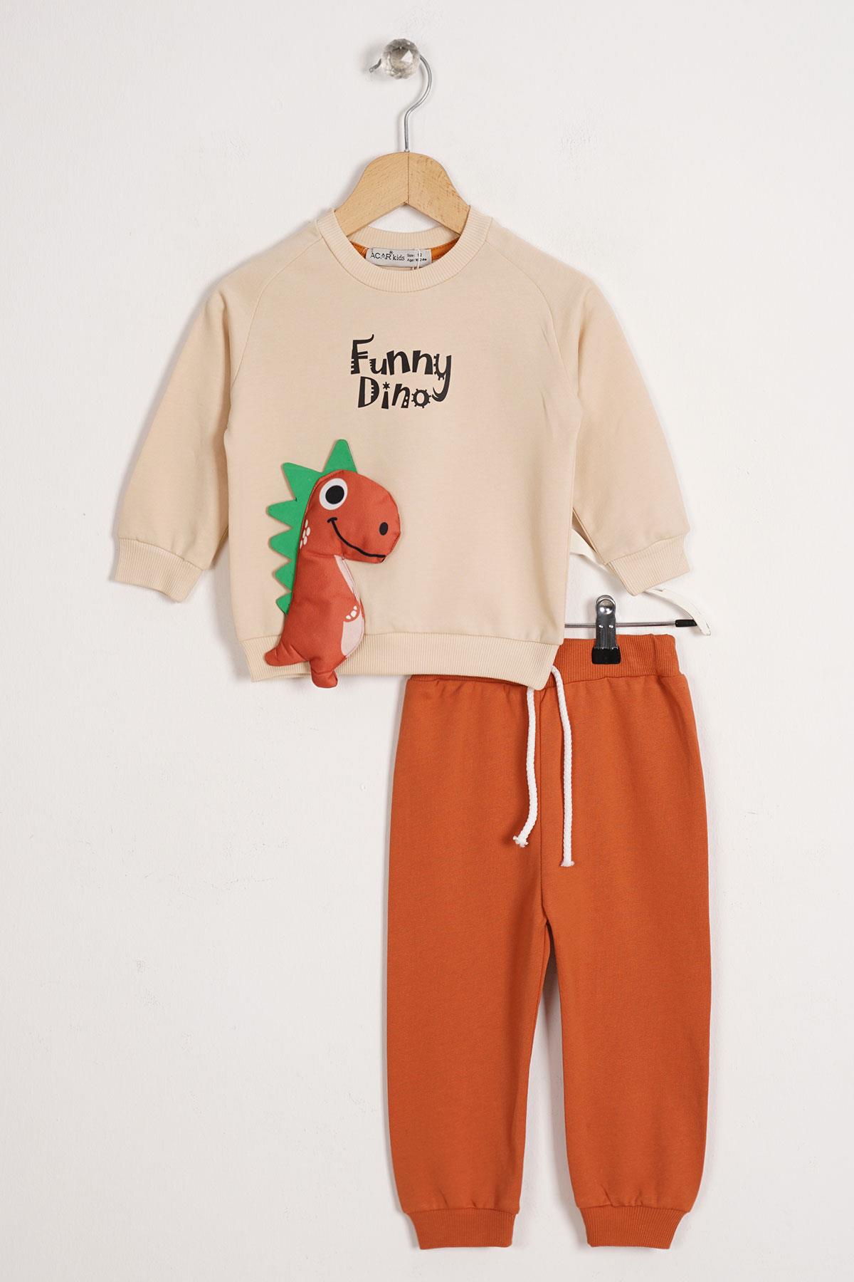 Dinazor Figürlü Yazı Baskılı Kiremit Renk Erkek Çocuk İkili Takım