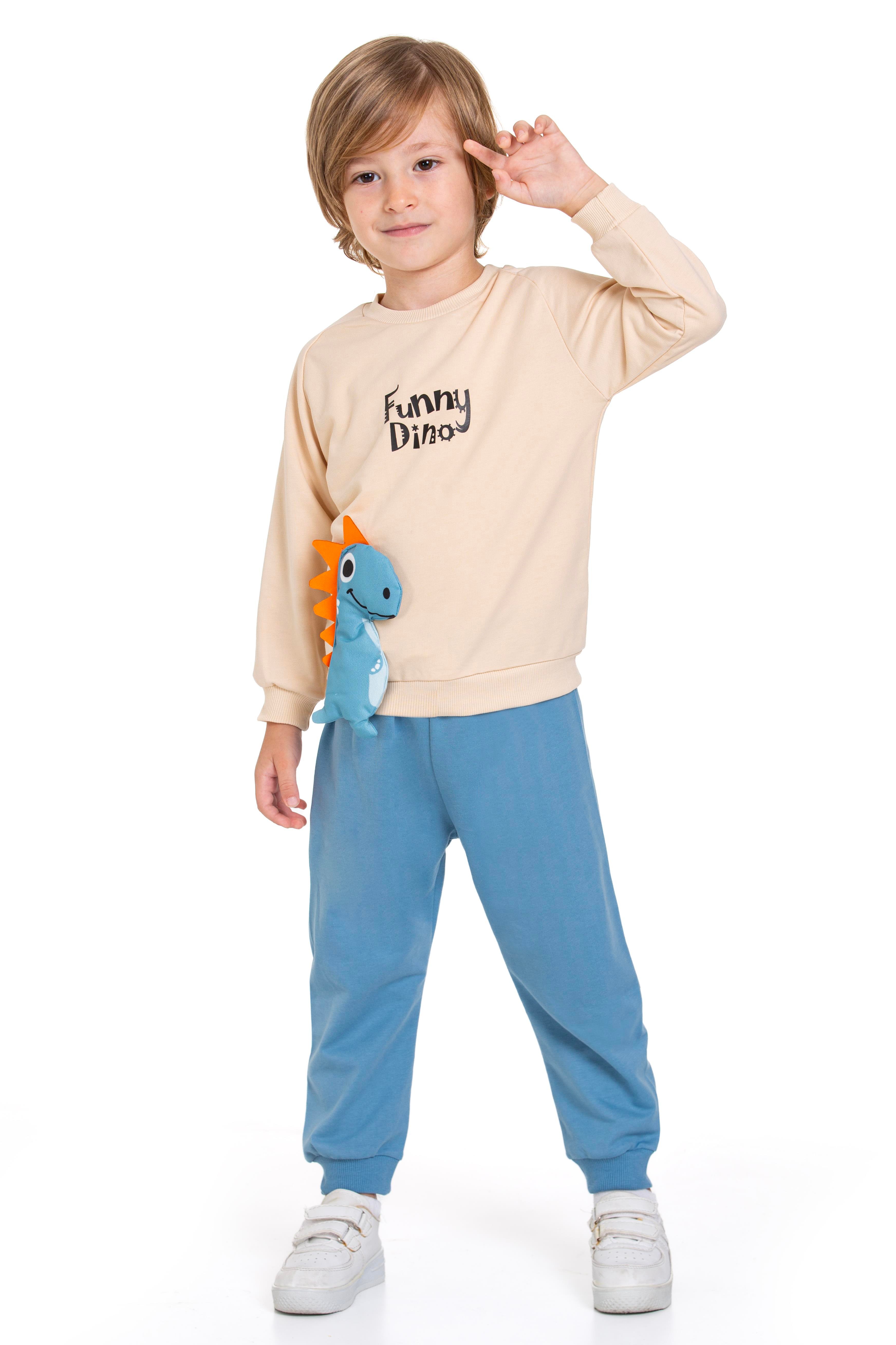 Dinazor Figürlü Yazı Baskılı Mavi Renk Erkek Çocuk İkili Takım