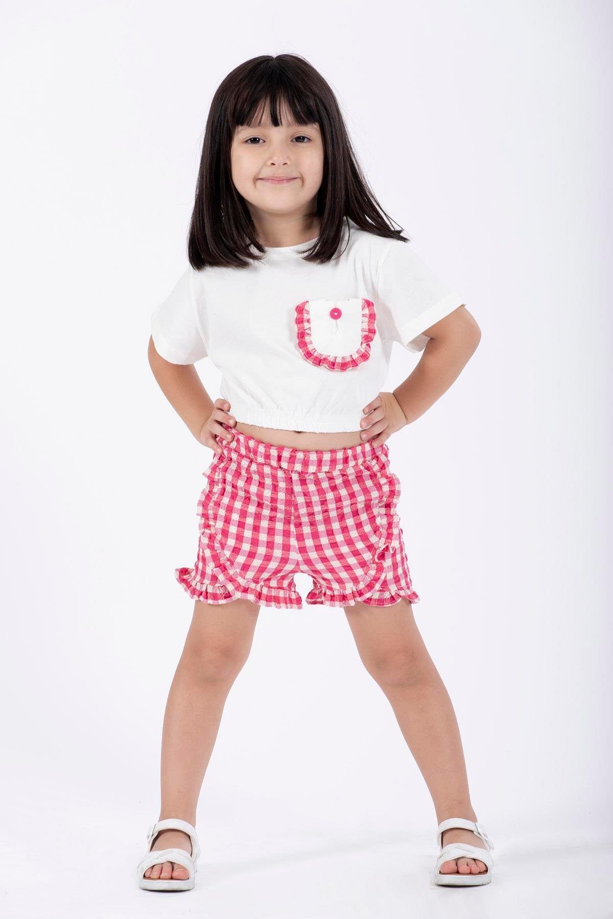 Fırfır Detaylı Ekru Fusya Renk Kız Çocuk Şortlu Takım