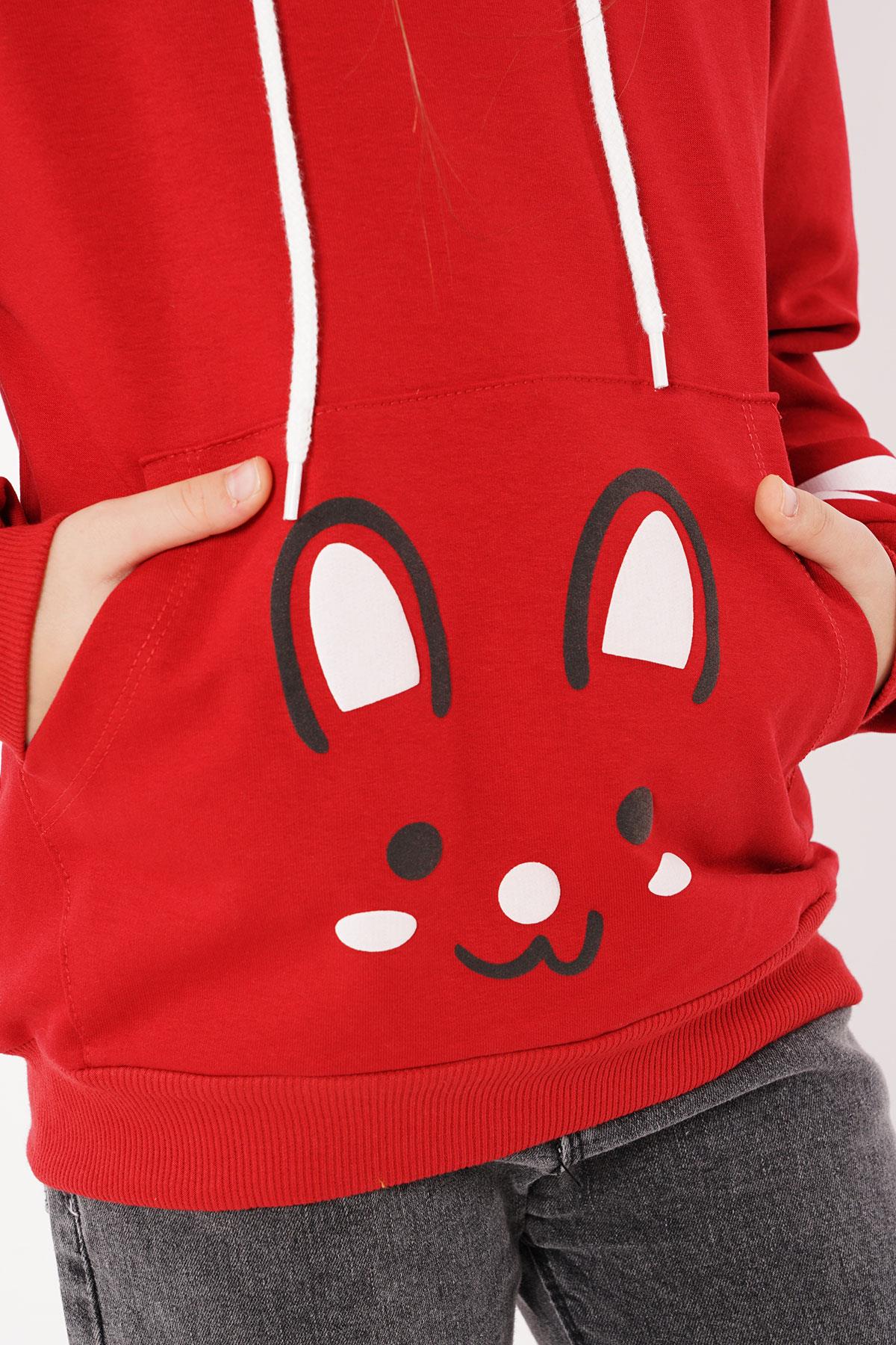 Kapüşonlu Uzun Kol Kırmızı Renk Kız Çocuk Sweatshirt