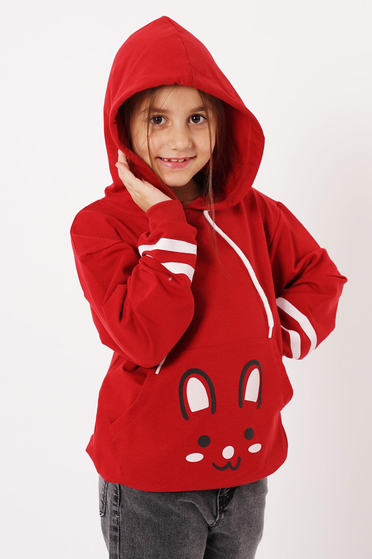 Kapüşonlu Uzun Kol Kırmızı Renk Kız Çocuk Sweatshirt