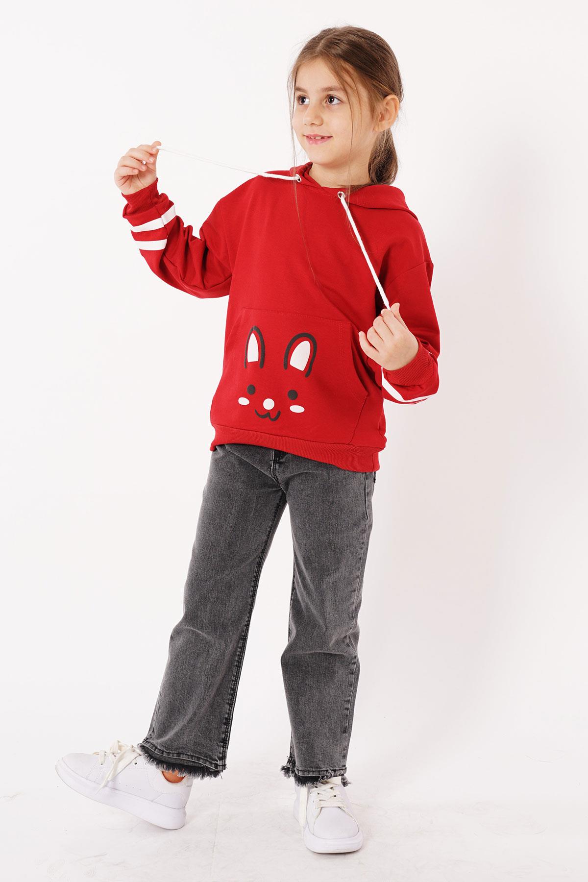 Kapüşonlu Uzun Kol Kırmızı Renk Kız Çocuk Sweatshirt