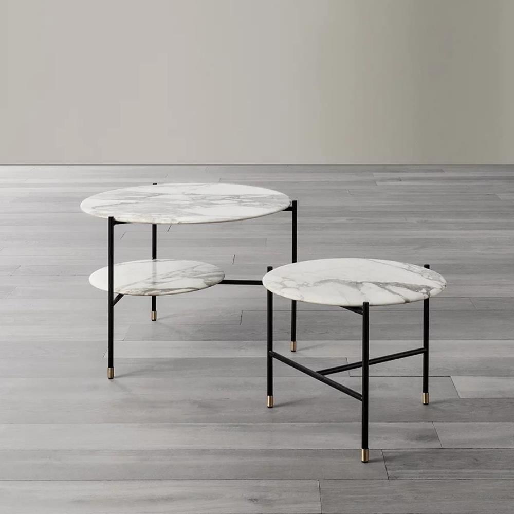 Adrian 70R Alçak Orta Sehpa-Frame Varnished Matt Black-Tip Bronzed Brass-Top Glossy Grey Stone (ADRTB70R)