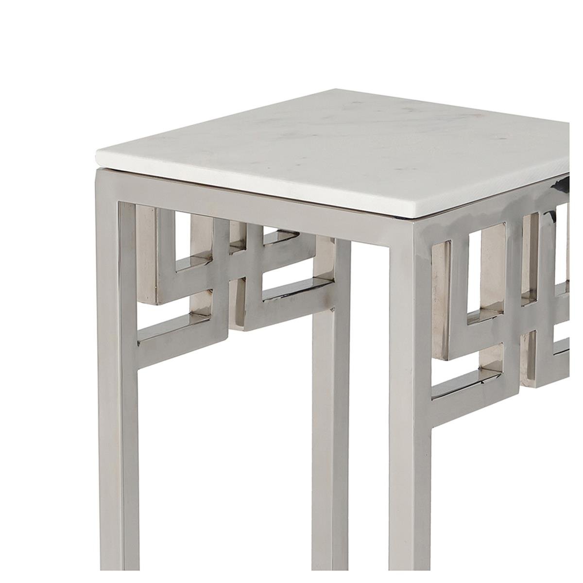 Amina Yan Sehpa-White granite lay-on stone Top - Polished stainless steel frame