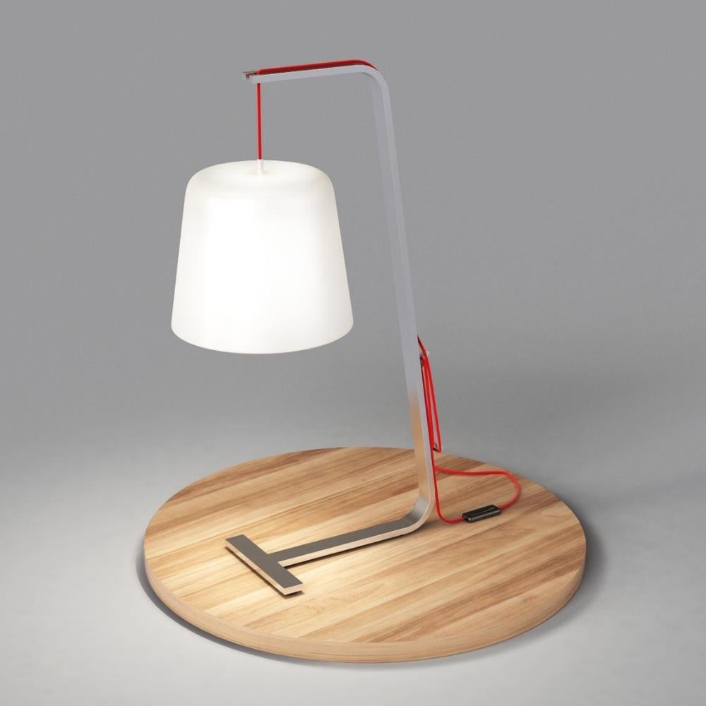 Ariane Masa Lambası-Ayak in titanium-lacquered steel/shade in white opal PMMA/red textile cable