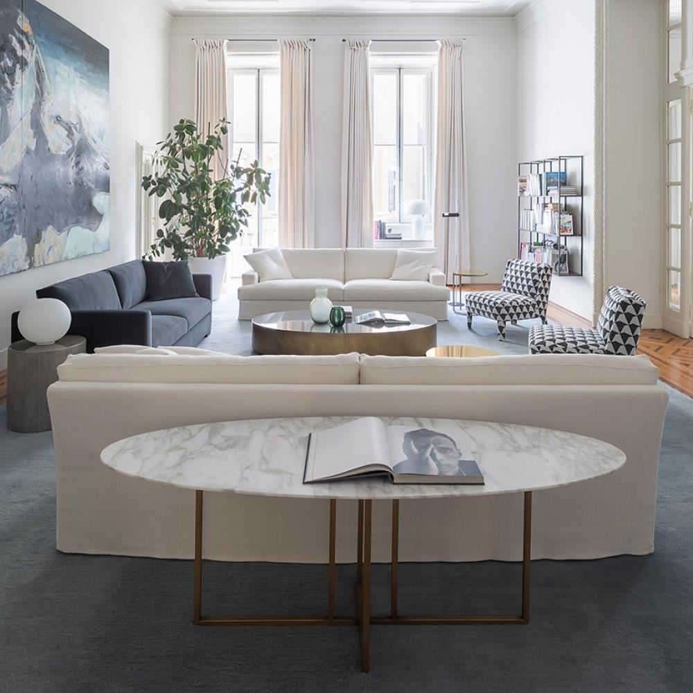 Cole Konsol Oval-Base Platinium Steel-Marble Top Sahara Noir Glossy Marble-(COLECN180BC)