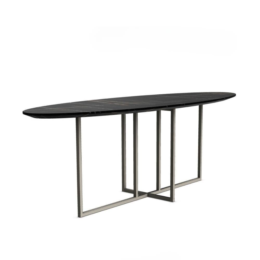 Cole Konsol Oval-Base Platinium Steel-Marble Top Sahara Noir Glossy Marble-(COLECN180BC)