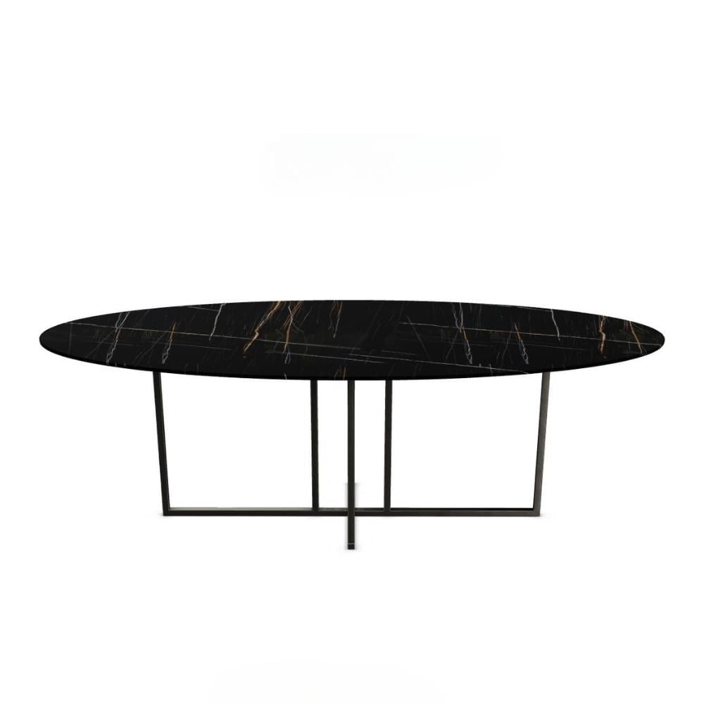 Cole Konsol Oval-Base Platinium Steel-Marble Top Sahara Noir Glossy Marble-(COLECN180BC)