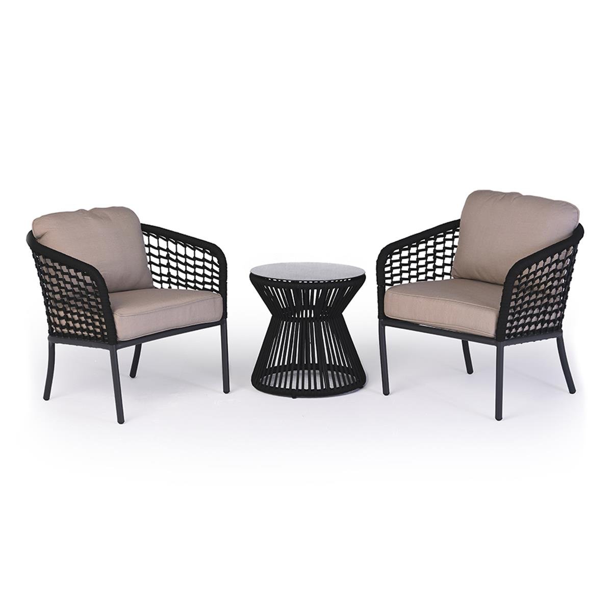 Dlyan 3 parçalı (2 Tekli Koltuk-1 Masa) Balkon Seti-İskelet Antrasit (A-74T)-Rope Black( BJ18-10039)-Kumaş (MH-0406)
