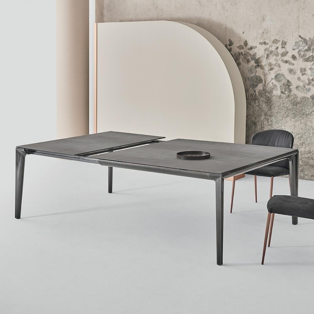 Duke Yemek Masası-(140-200)-Legs Lacq Natural Silver (M326)-Frame Lacq Natural Silver (M326)-Top Savoia Grey (CR006A)