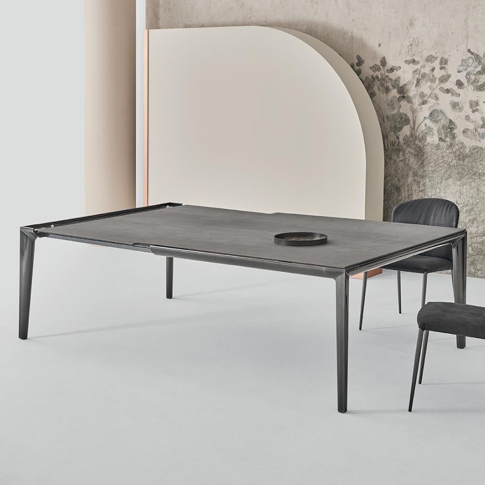 Duke Yemek Masası-(140-200)-Legs Lacq Natural Silver (M326)-Frame Lacq Natural Silver (M326)-Top Savoia Grey (CR006A)