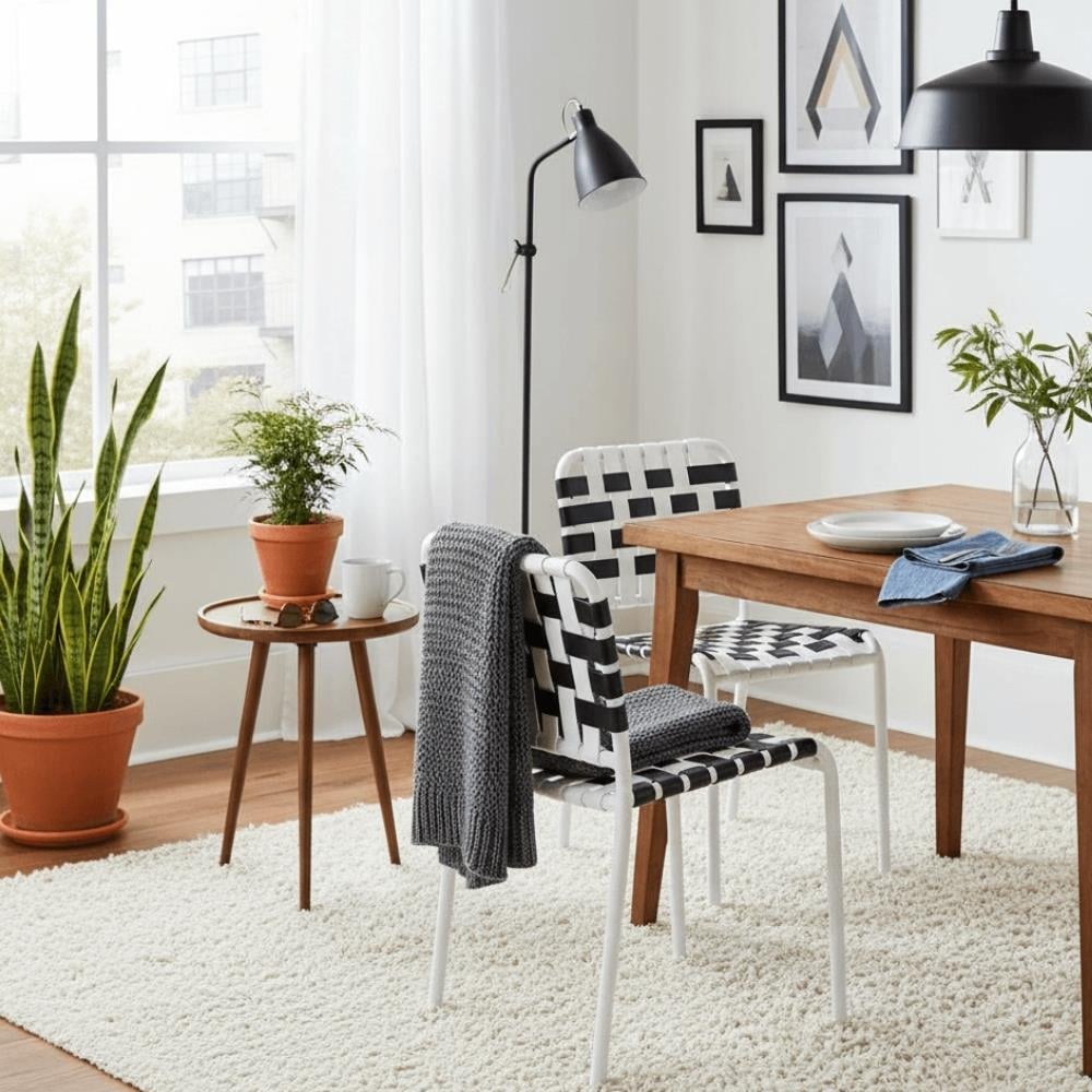 InOut 823 Kolsuz Sandalye-İstiflenebilir Aluminyum İskelet: Beyaz + Sırt Ve Oturum Yeri: Siyah/Beyaz Elastık Şeritli Dokuma