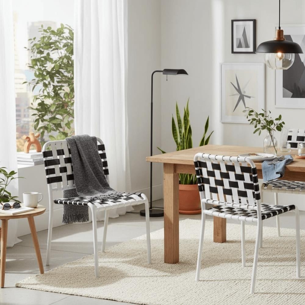 InOut 823 Kolsuz Sandalye-İstiflenebilir Aluminyum İskelet: Beyaz + Sırt Ve Oturum Yeri: Siyah/Beyaz Elastık Şeritli Dokuma
