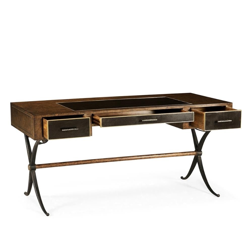 Hammered Iron Bureau Plat with Black Leather Inserts Masa