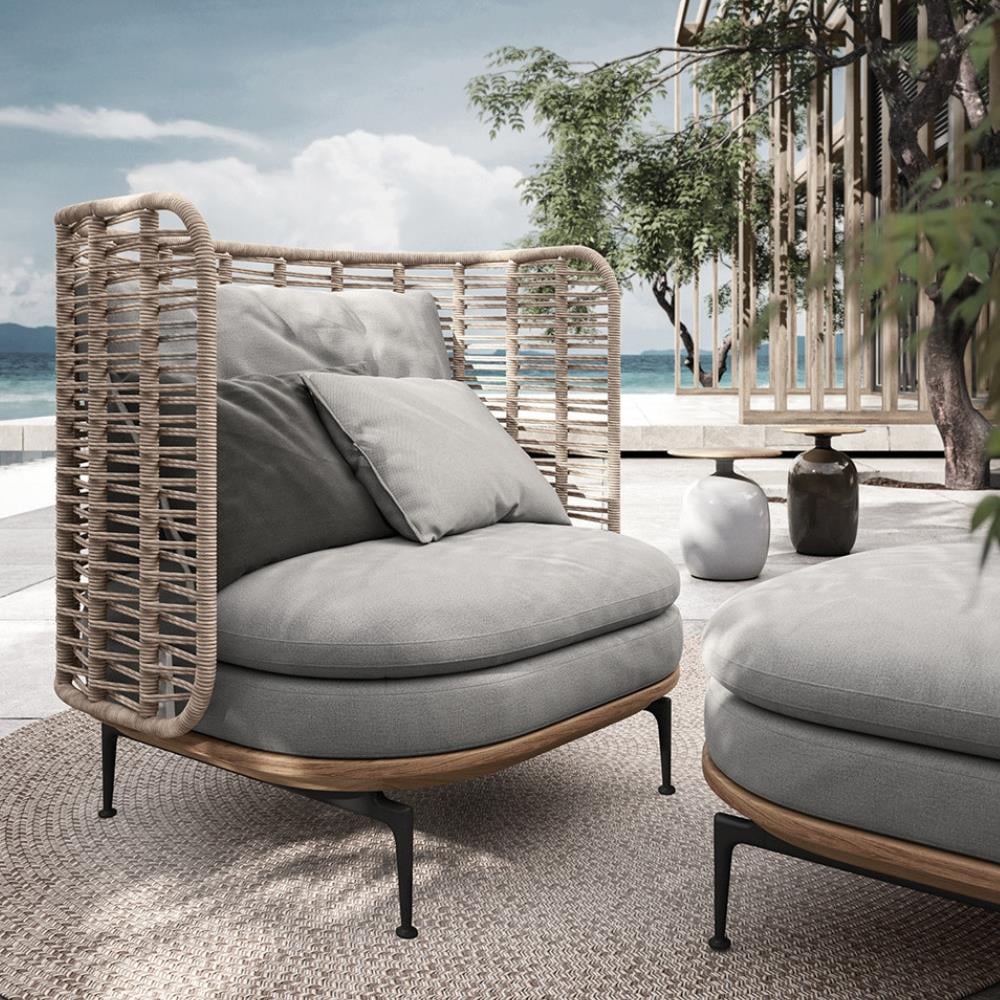 Mistral Alçak Sırtlı Tekli Koltuk -İskelet Meteor-Natural Teak-Koala Wicker (Sunbrella Minder Dahil)