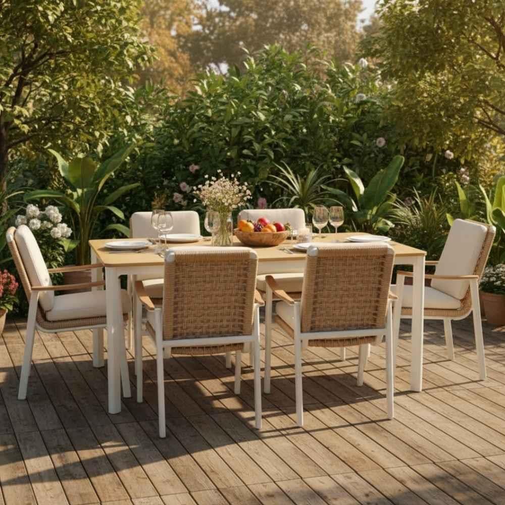 Riesling Aluminyum Eucalyptus Hasır 7 li Yemek Masası ve Sandalyeleri