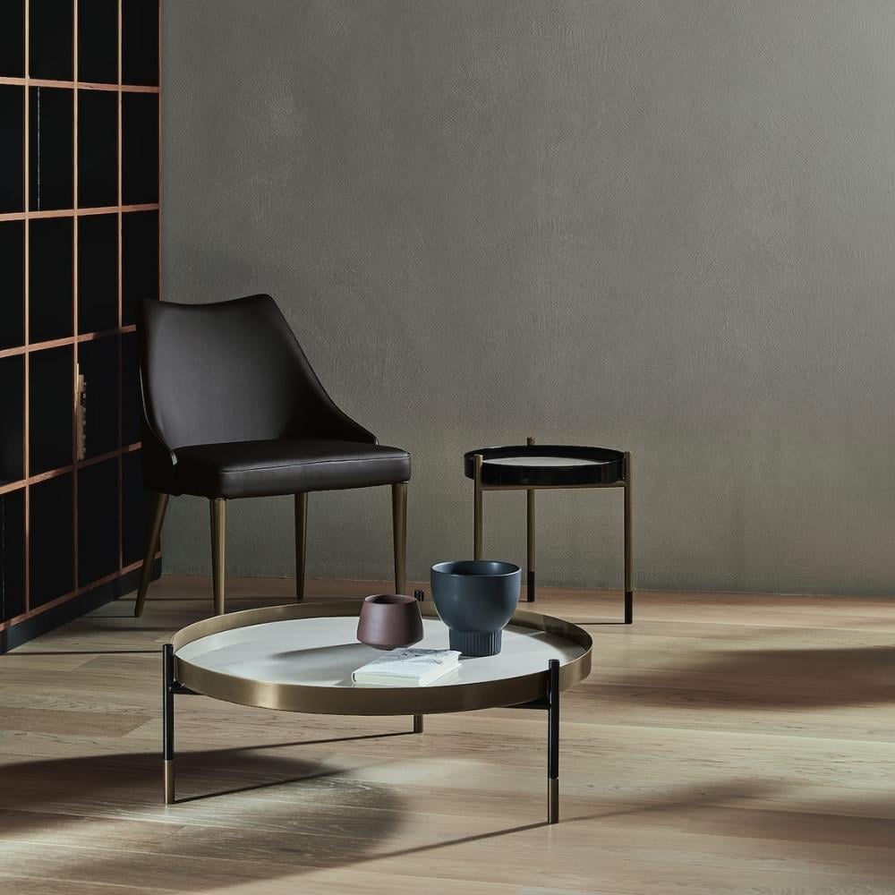 Planet Orta Sehpa-Frame Aged Brass (M328)-Decorative Details Lacquered Rose (M329)-Top Velvet Matt Anthtacite Glass (C183S)