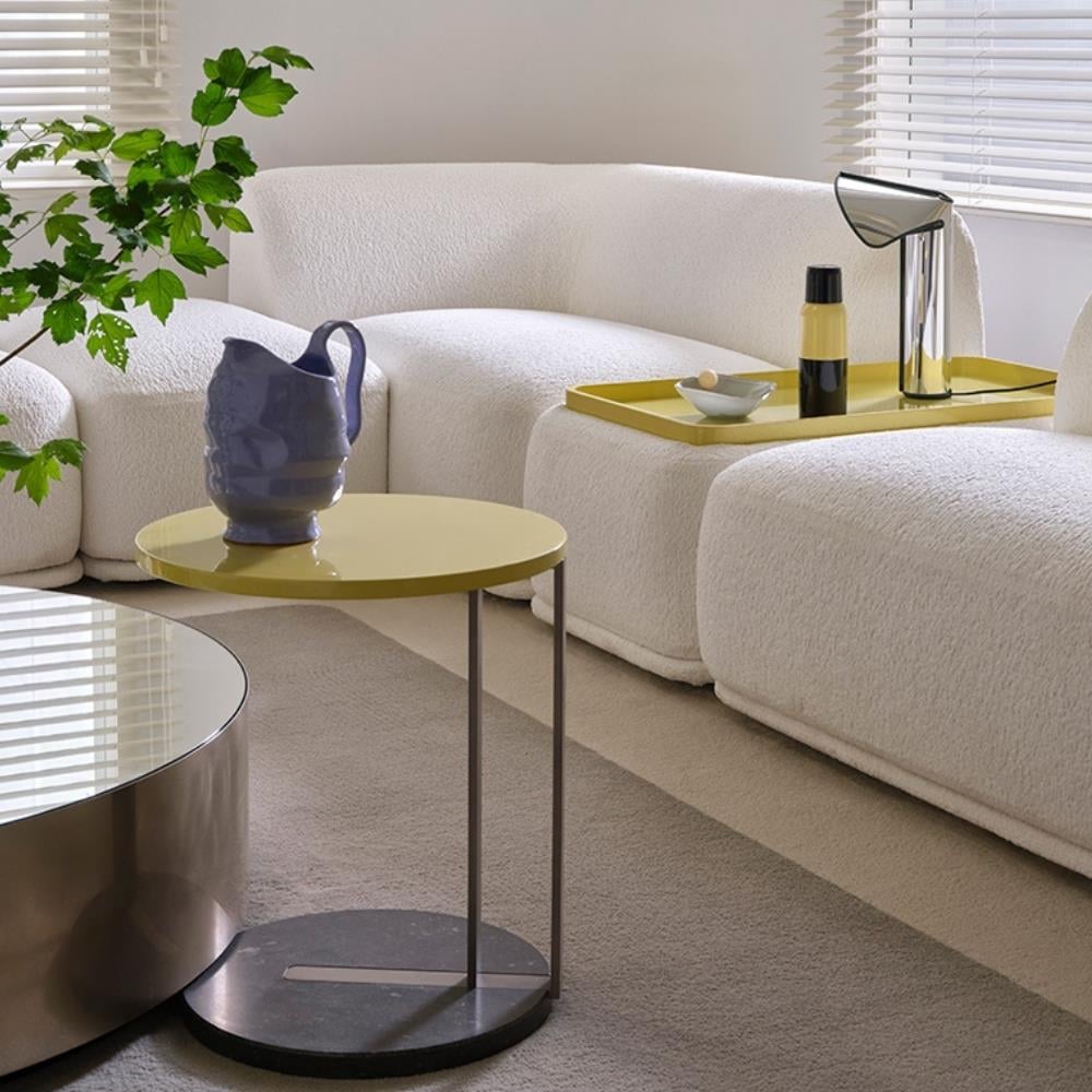 Ralf 45 Yan Sehpa-Base Glossy Grey Marble - Structure Bronzed Brass - Top Glossy Brick Lacquer