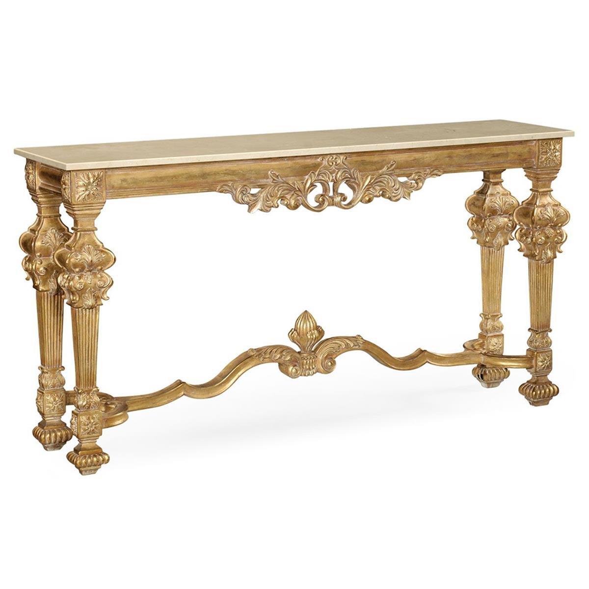 Versailles Konsol - Mermer Tablalı - Finish-Pai-04-4 (Light Antique Gold-leaf with Carved Floral Detail)