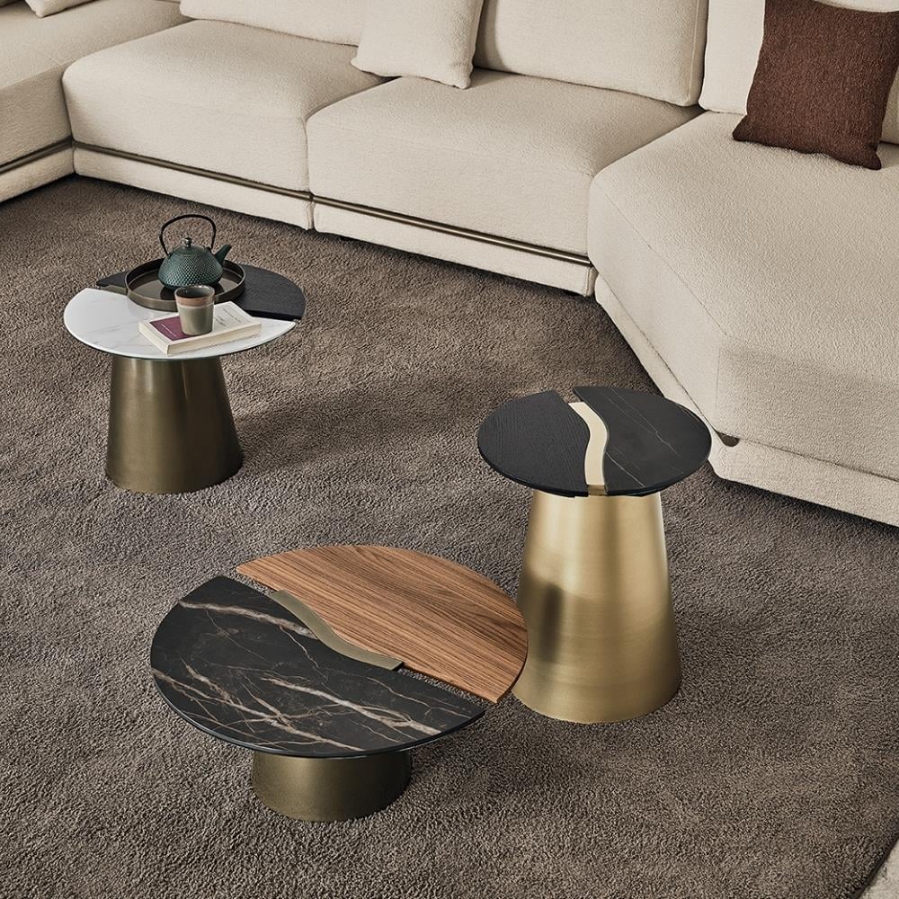 Yang Orta Sehpa (60)-Frame Aged Brass (M328)-Top Calacatta Matt (CM032)-Top Charcoal Oak Veneer (L038)