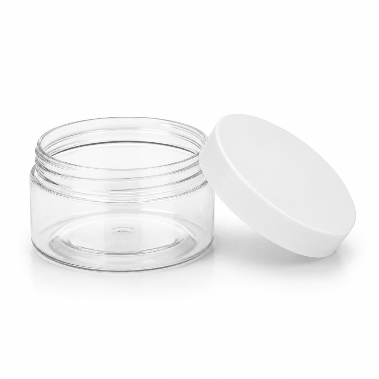 100 ml şeffaf PET kavanoz beyaz kapak açık görünüm