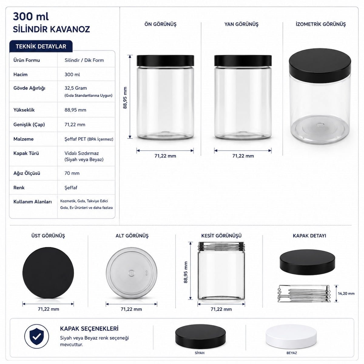 300 ML PET Kavanoz - Şeffaf Gıda ve Kozmetik Kutusu (32,5 gr) - PET Kavanoz