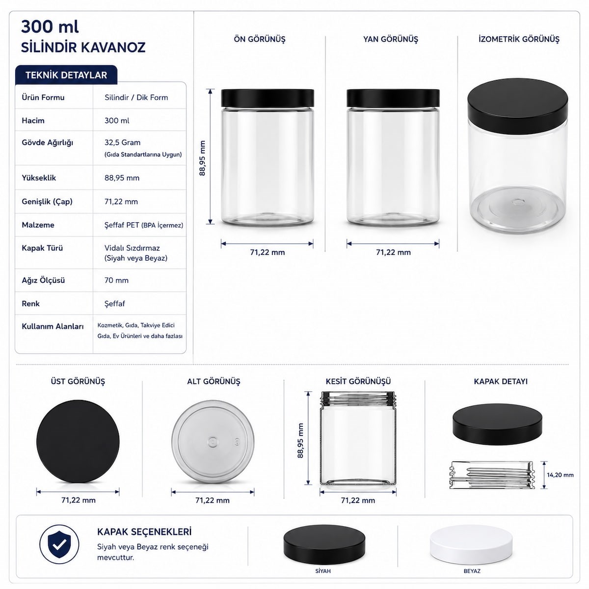 300 ML PET Kavanoz - Şeffaf Gıda ve Kozmetik Kutusu (32,5 gr) - PET Kavanoz