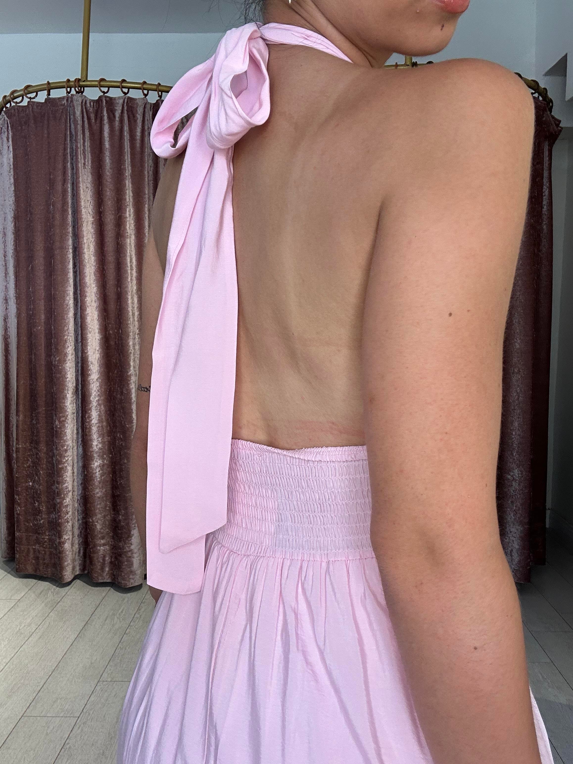 12013 Boyundan Bağlamalı Uzun Elbise Pembe 