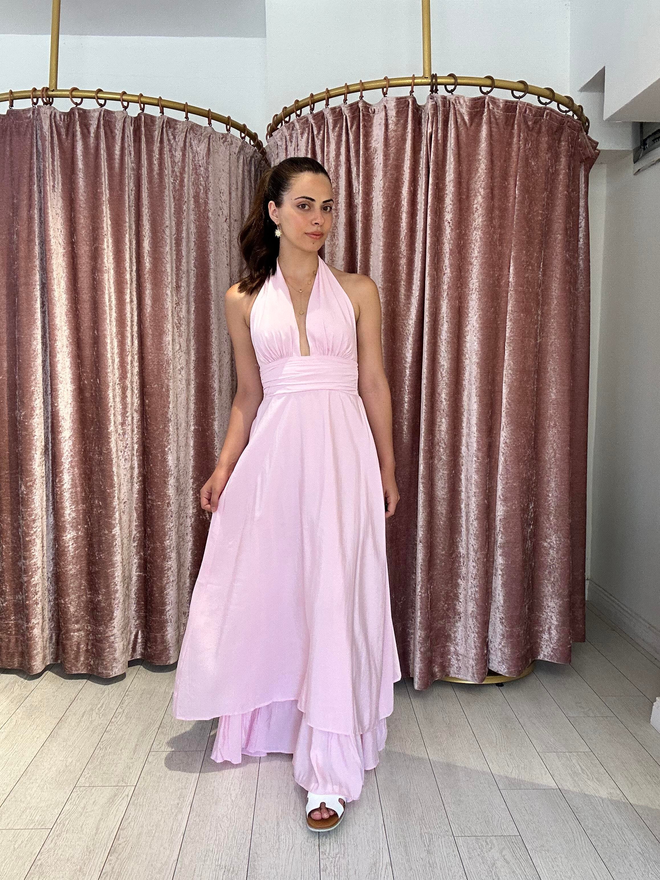 12013 Boyundan Bağlamalı Uzun Elbise Pembe 