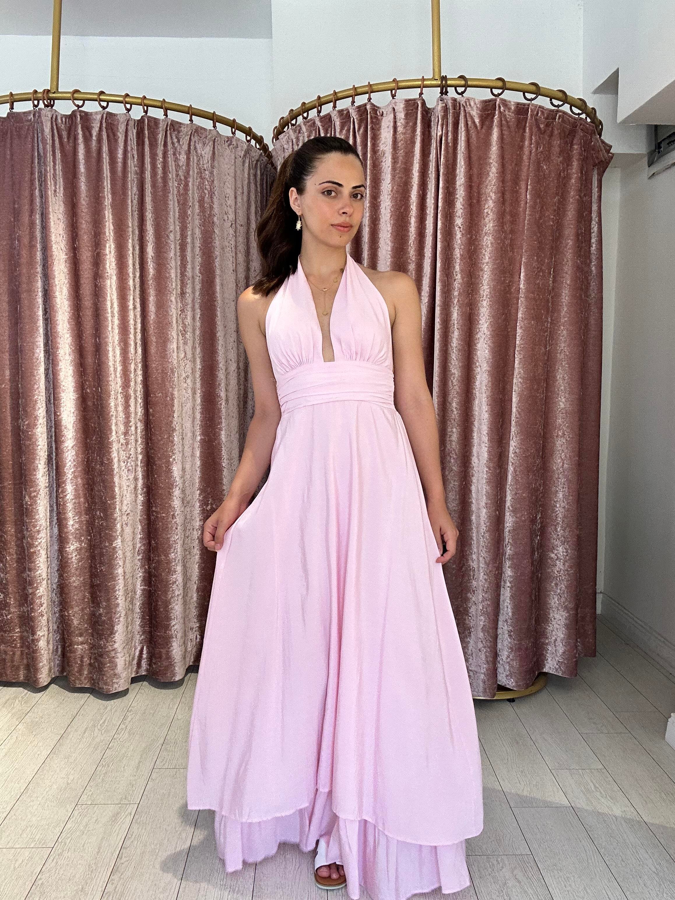 12013 Boyundan Bağlamalı Uzun Elbise Pembe 