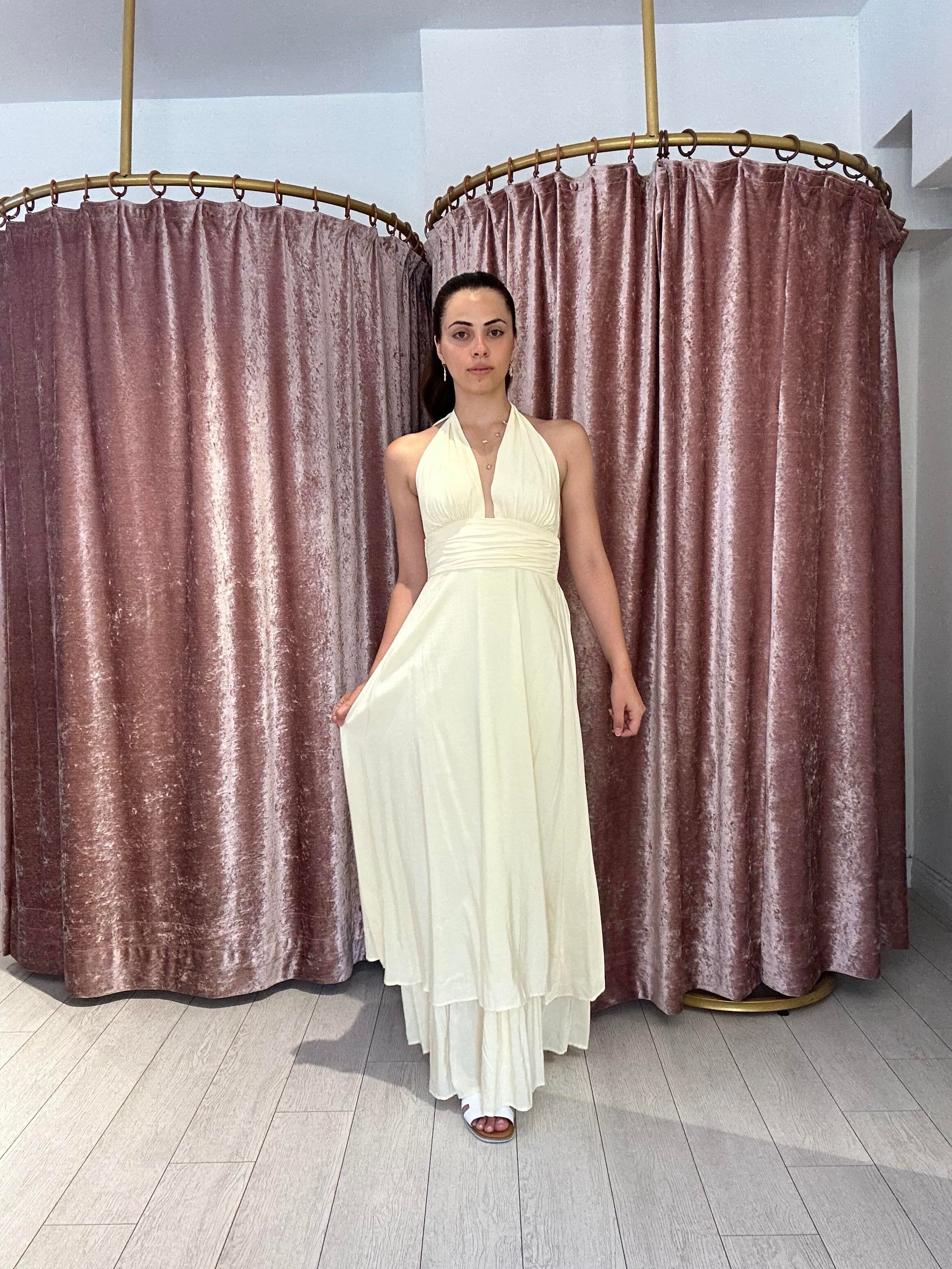 12013 Boyundan Bağlamalı Uzun Elbise Sarı 