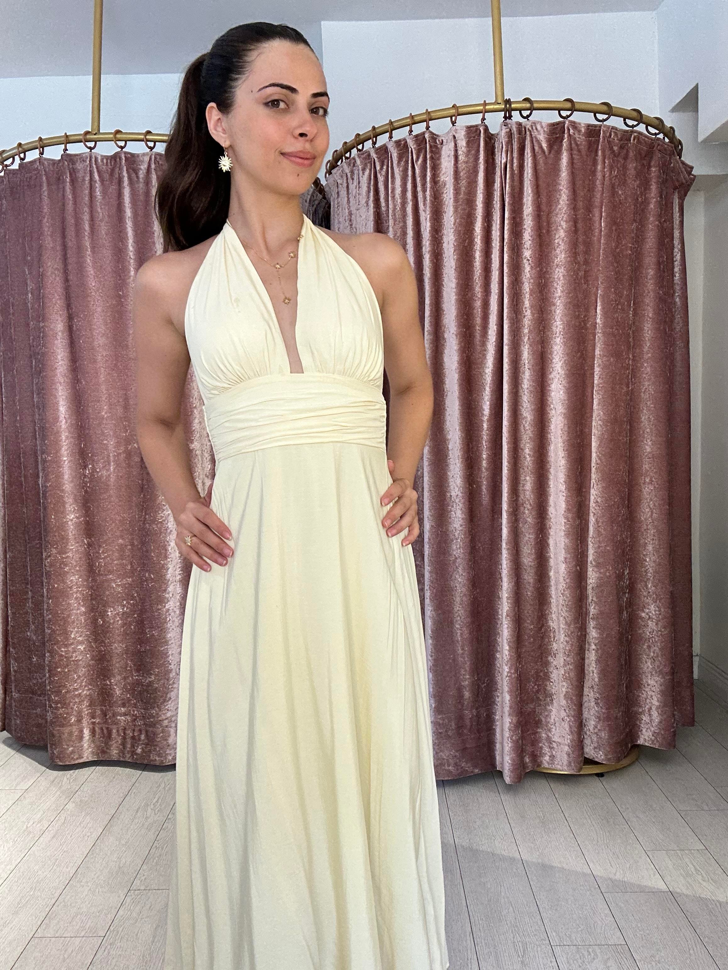 12013 Boyundan Bağlamalı Uzun Elbise Sarı 