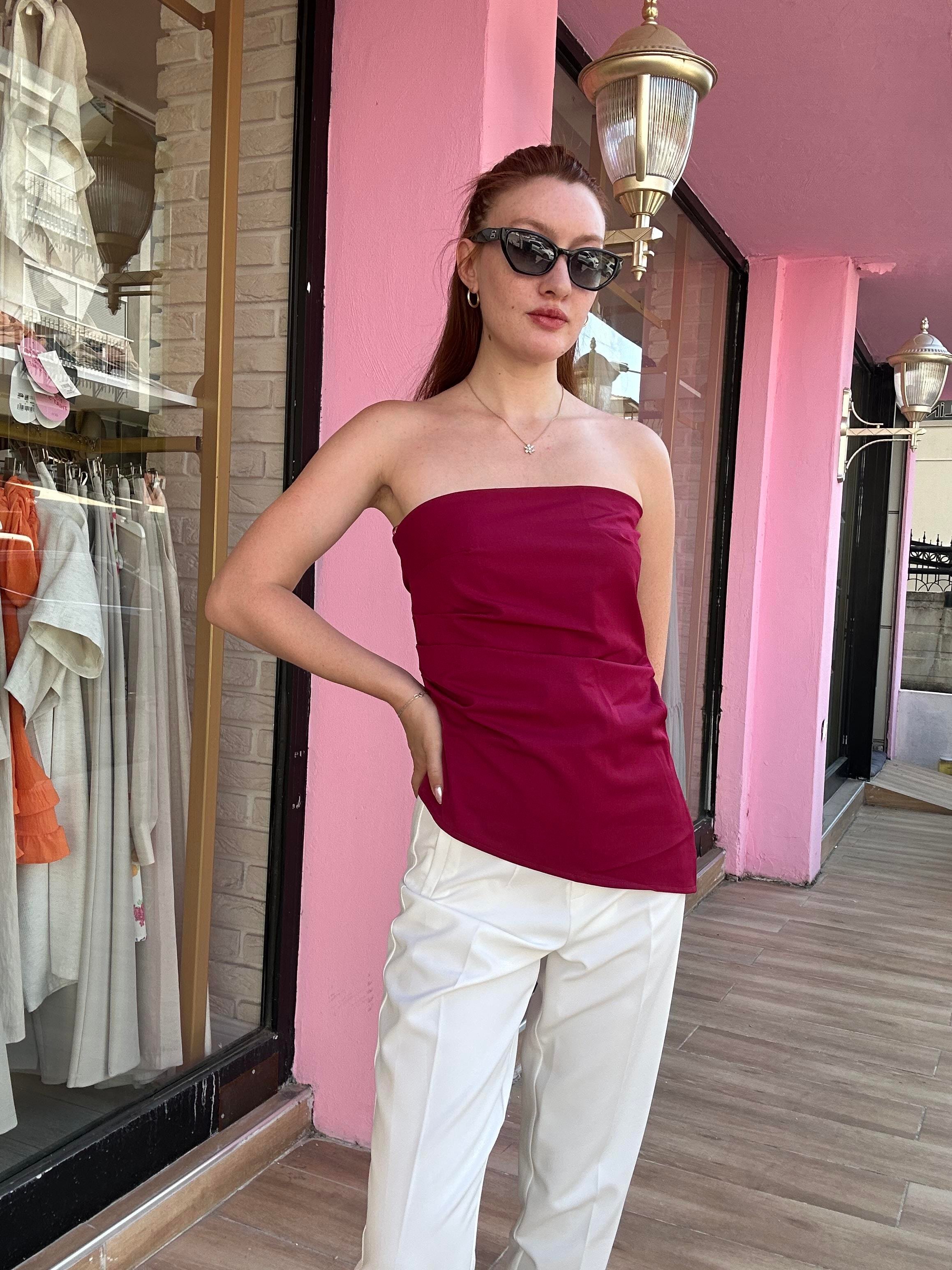 Asimetrik Kesim Straplez Bluz Bordo 