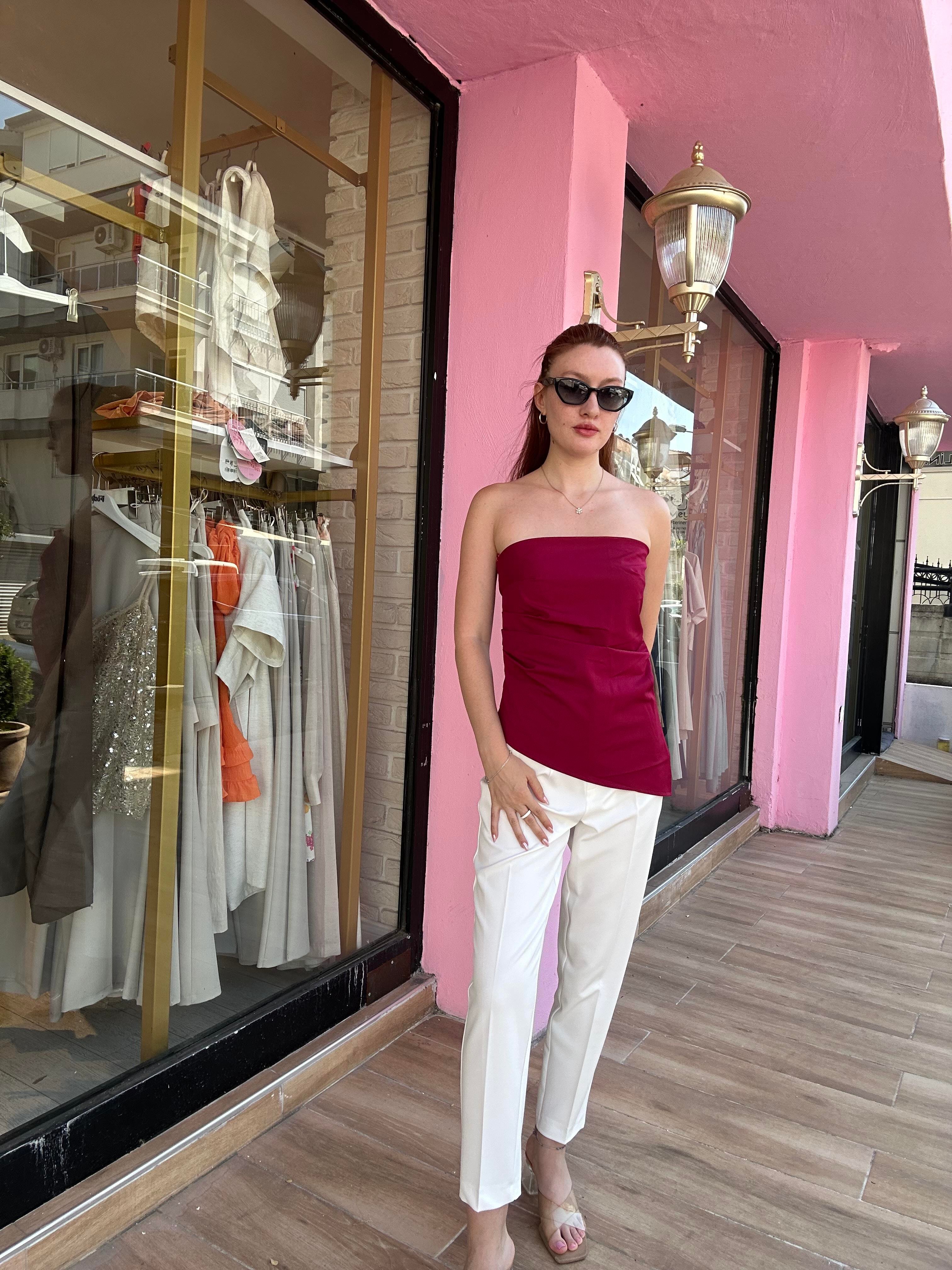 Asimetrik Kesim Straplez Bluz Bordo 