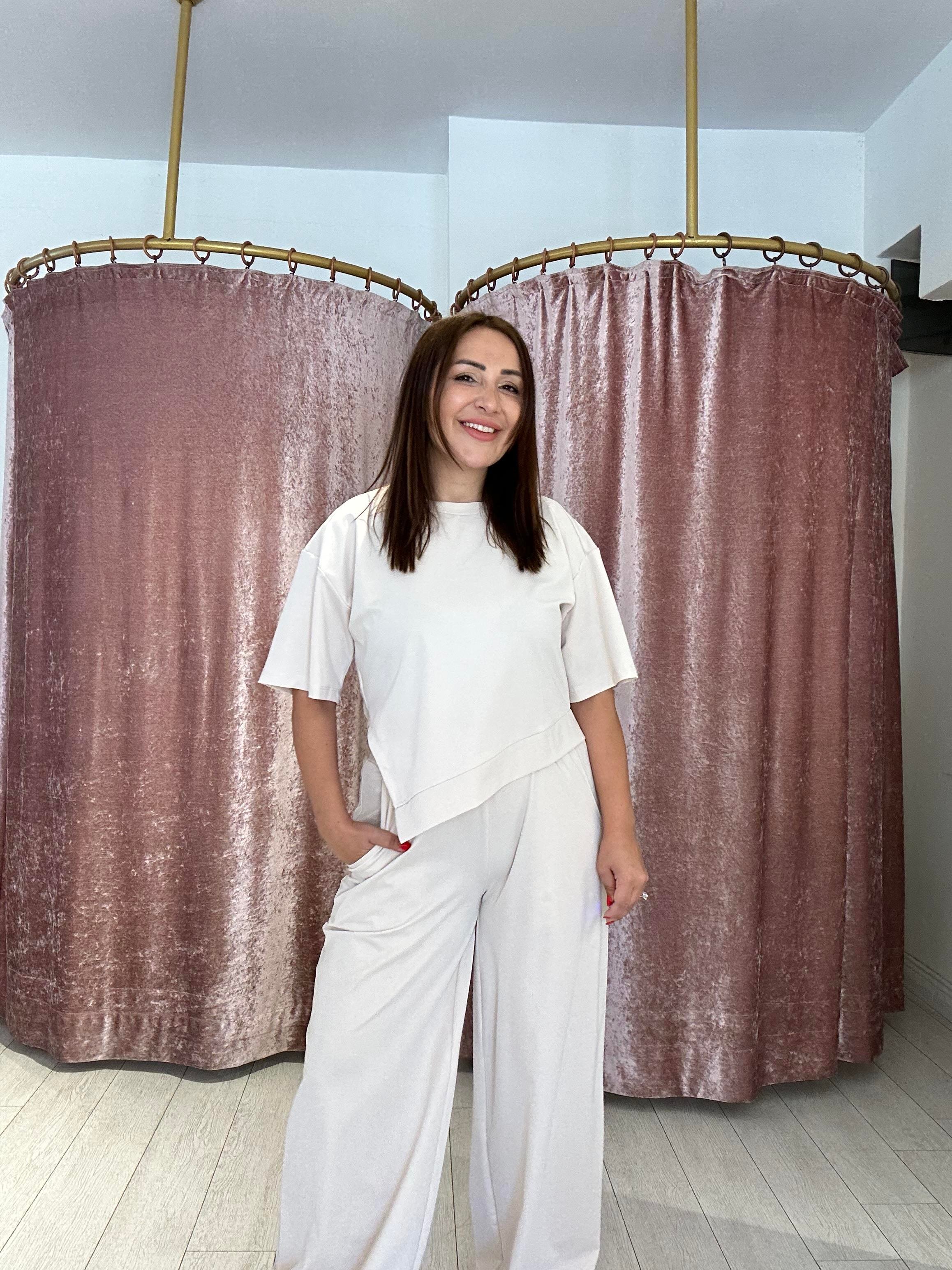 Asimetrik Kesim Tişört Pantolon Takım Bej 