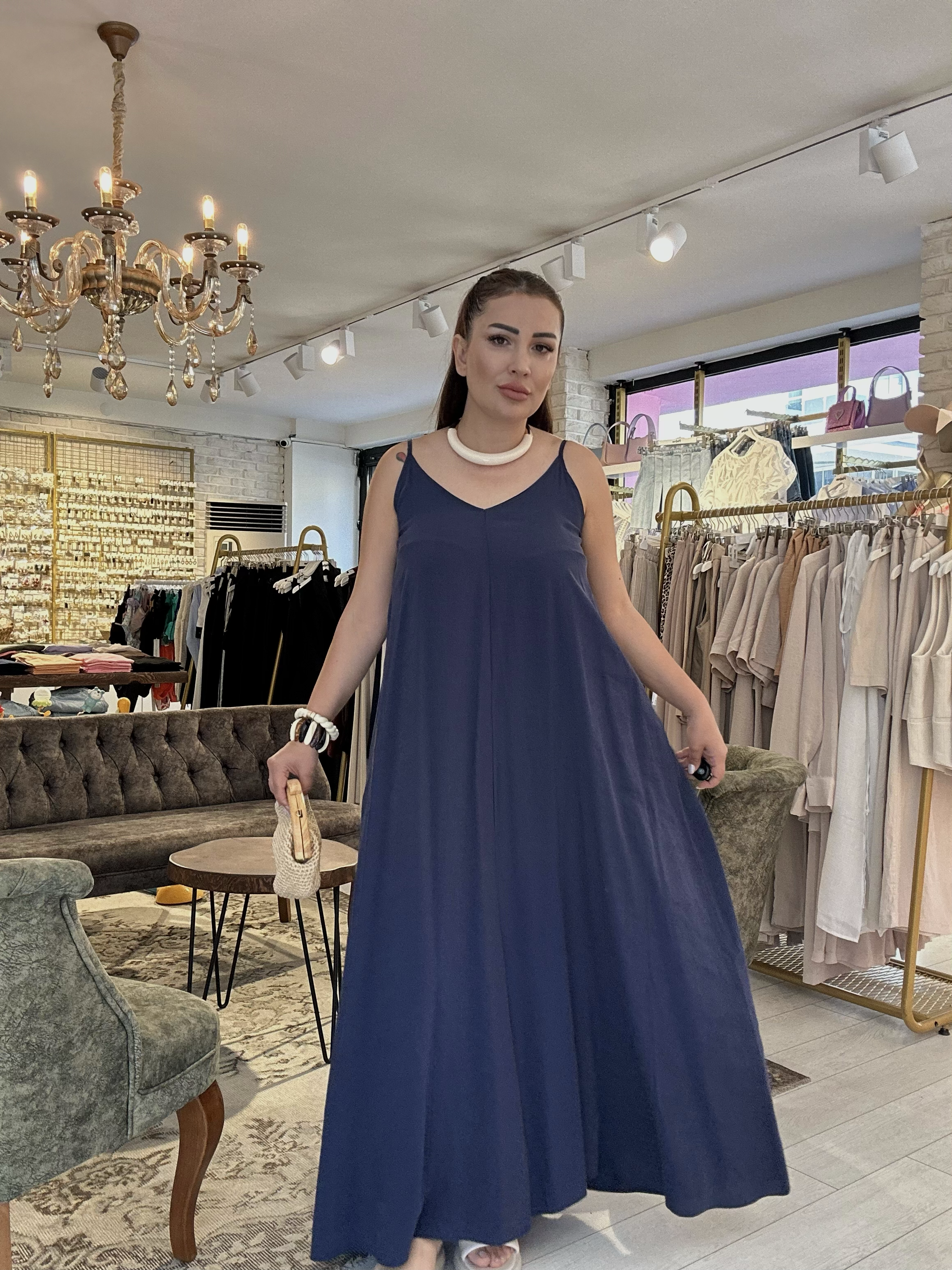 Ayarlanabilir Askılı Uzun Salaş Elbise Lacivert