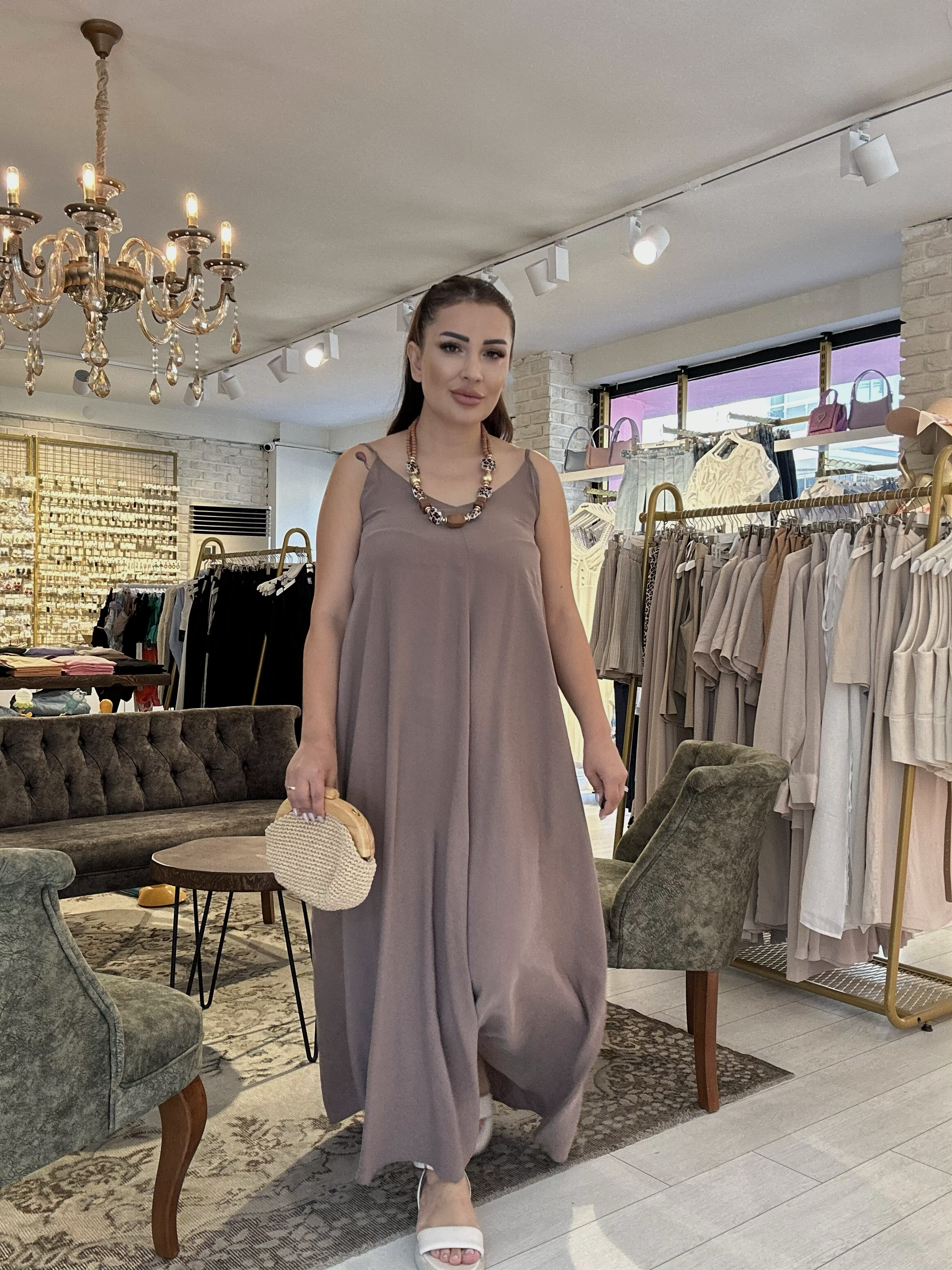 Ayarlanabilir Askılı Uzun Salaş Elbise Acık Kahve