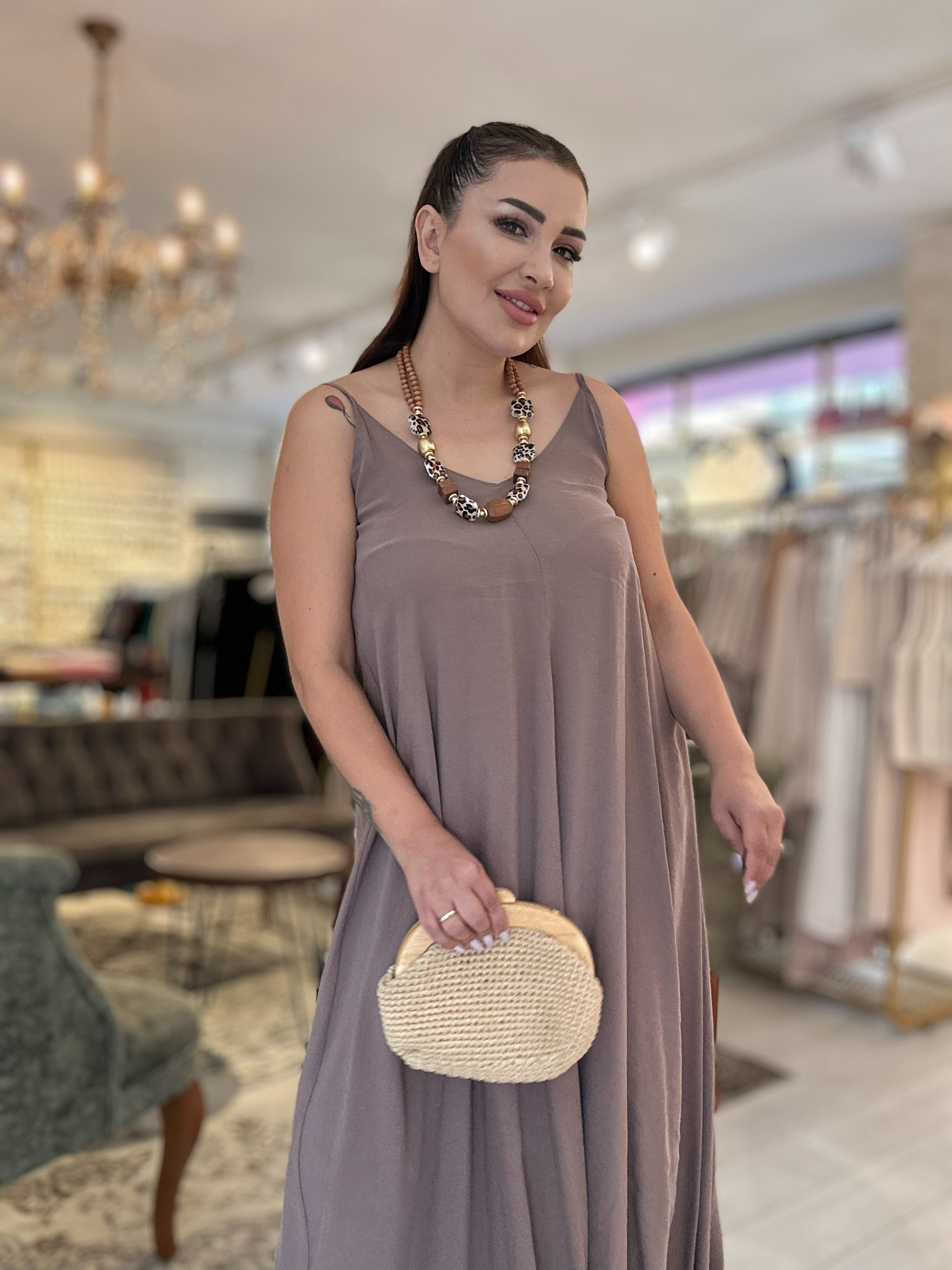 Ayarlanabilir Askılı Uzun Salaş Elbise Acık Kahve