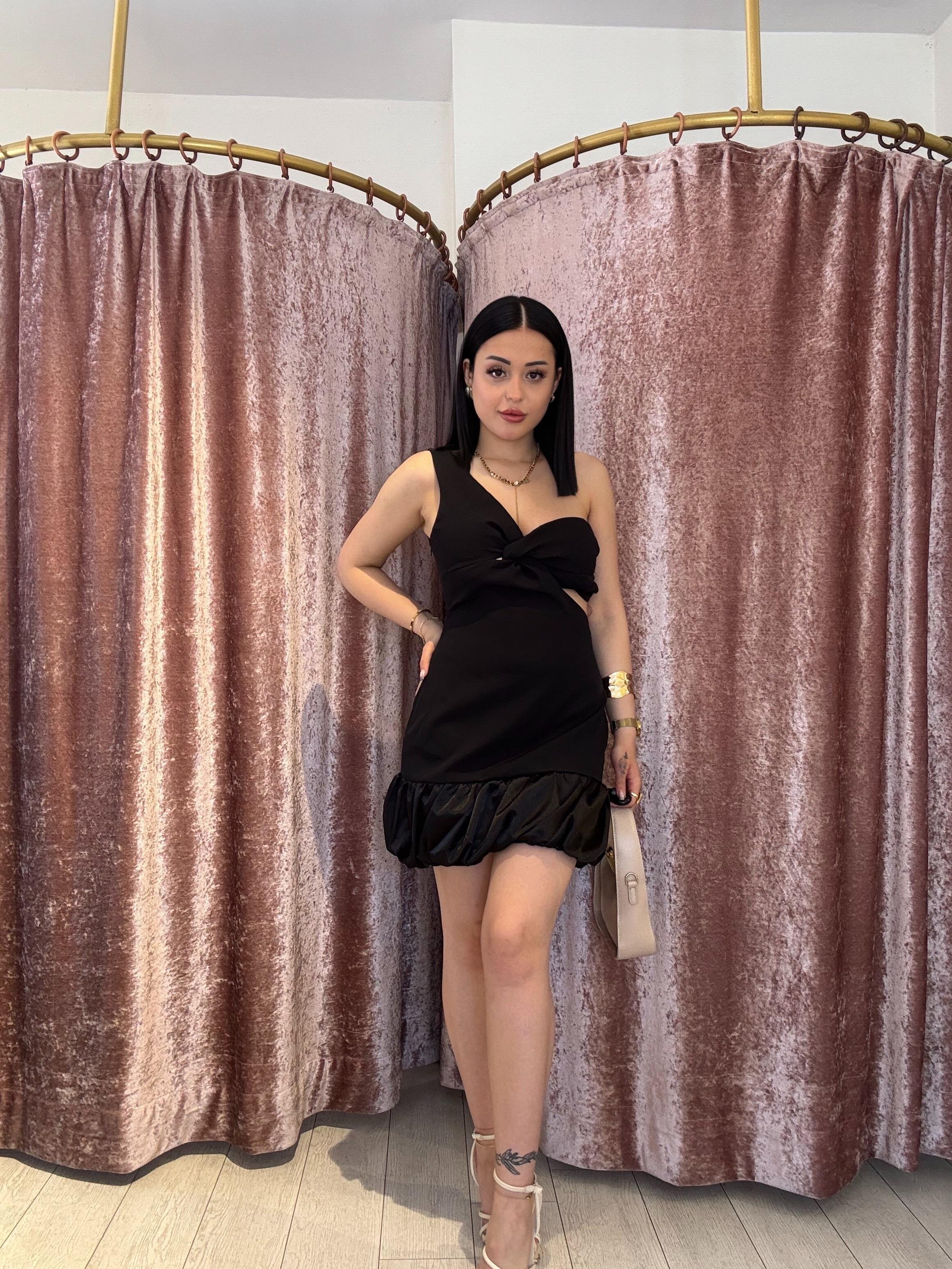 Balon Sort Etek Tek Kol Elbise Siyah