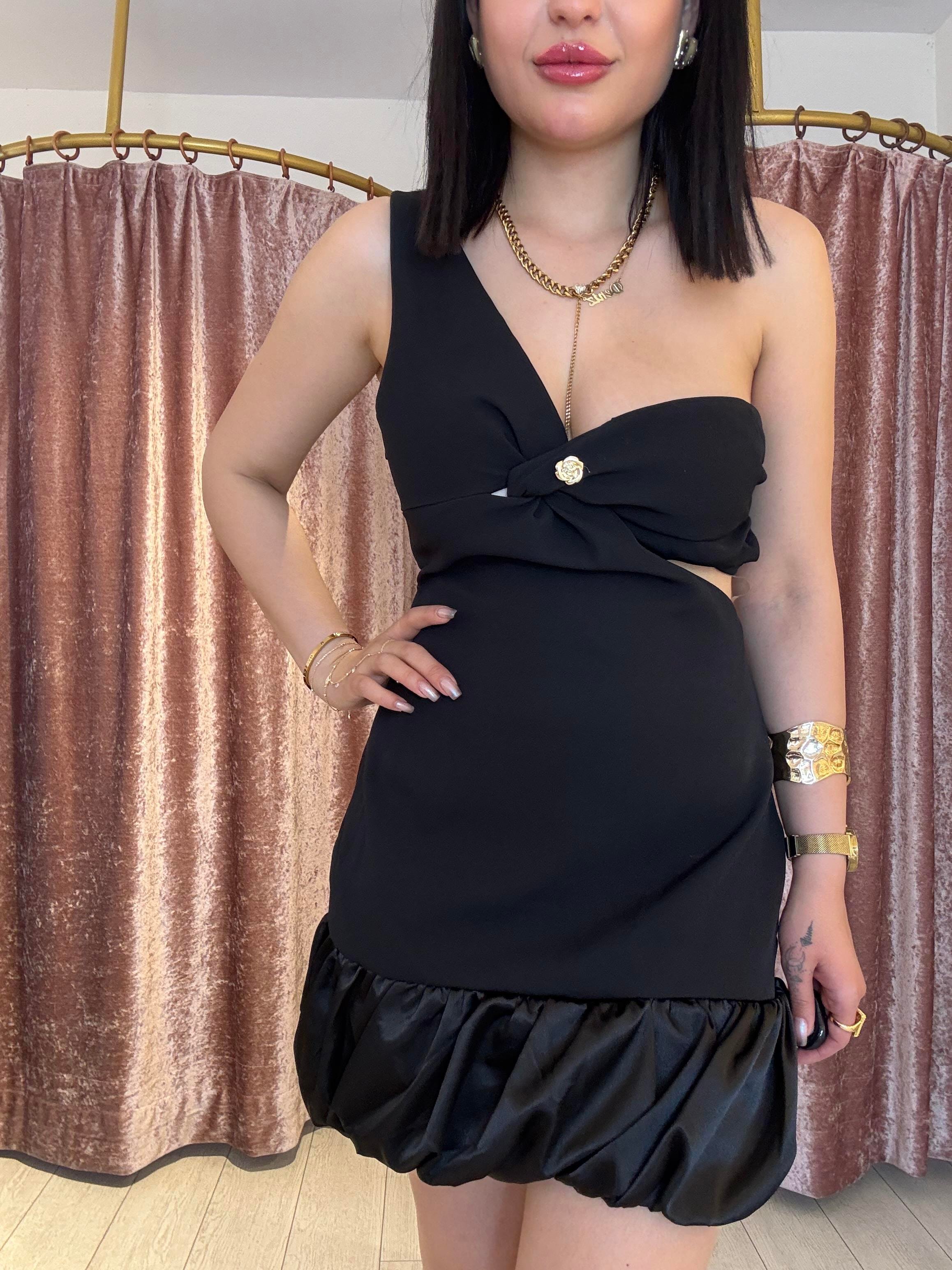 Balon Sort Etek Tek Kol Elbise Siyah