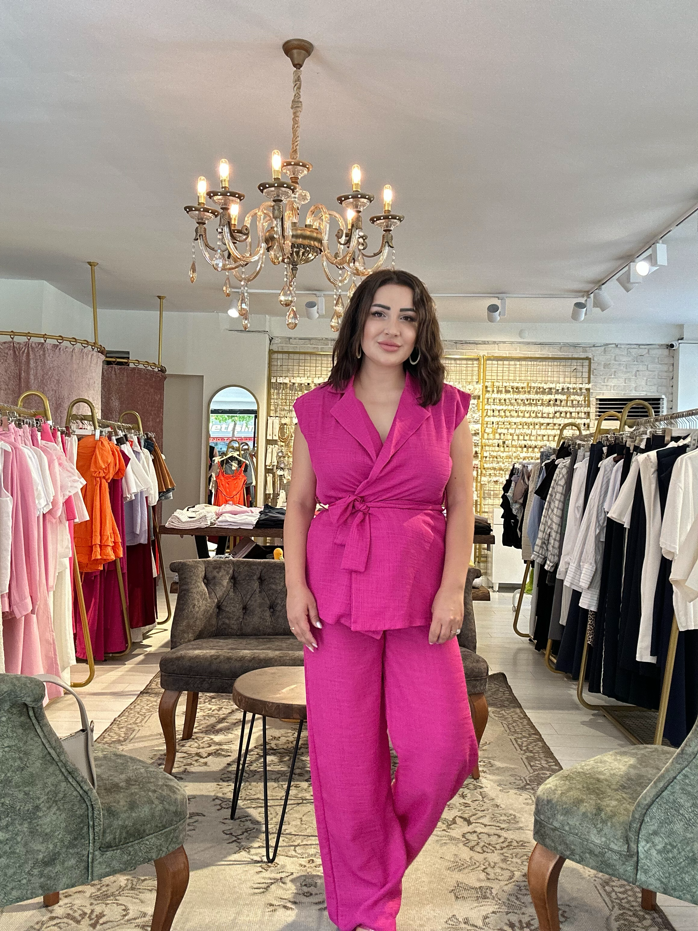 Belden Baglamalı Yelek Pantolon Takım Pembe