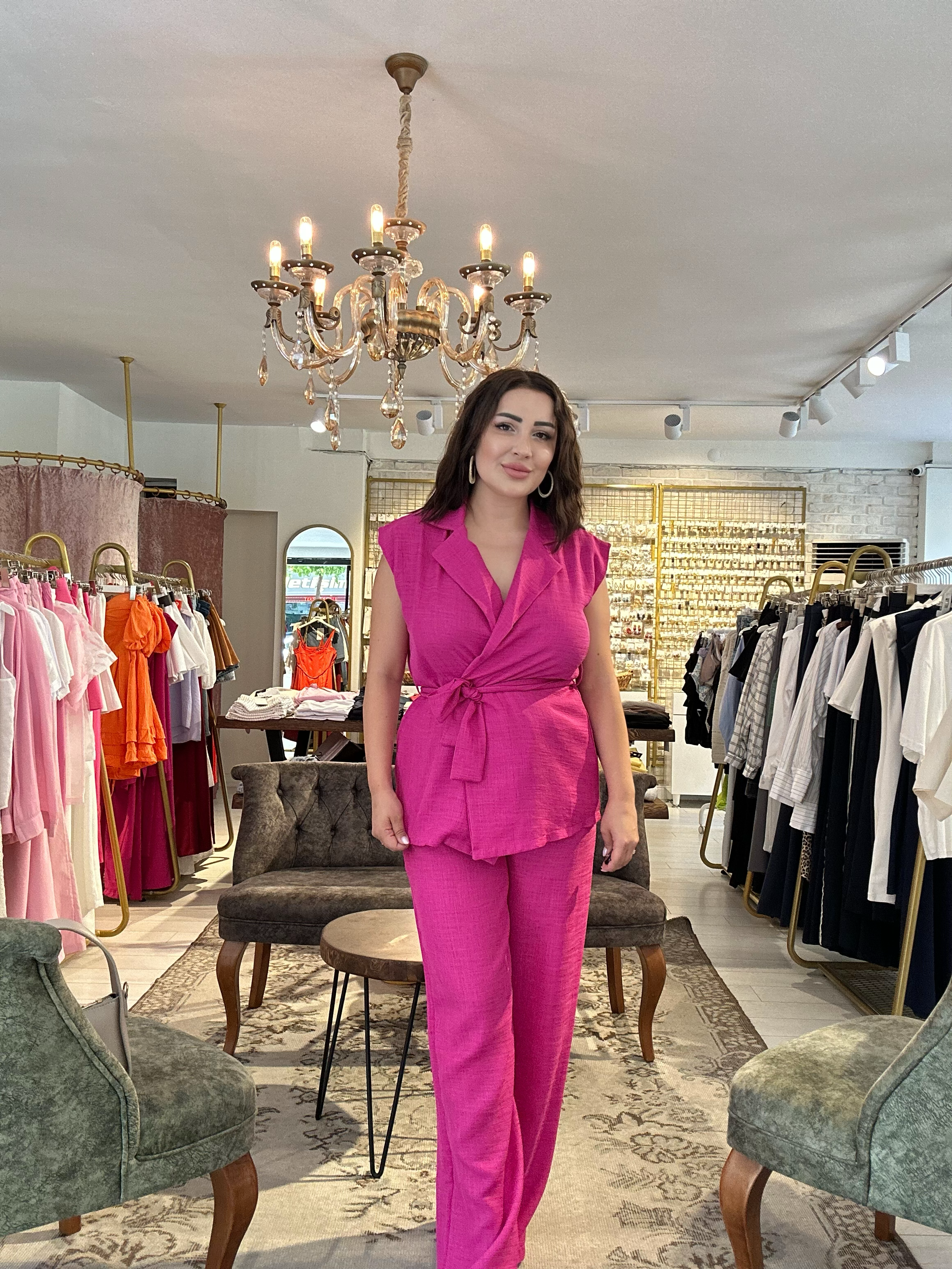 Belden Baglamalı Yelek Pantolon Takım Pembe