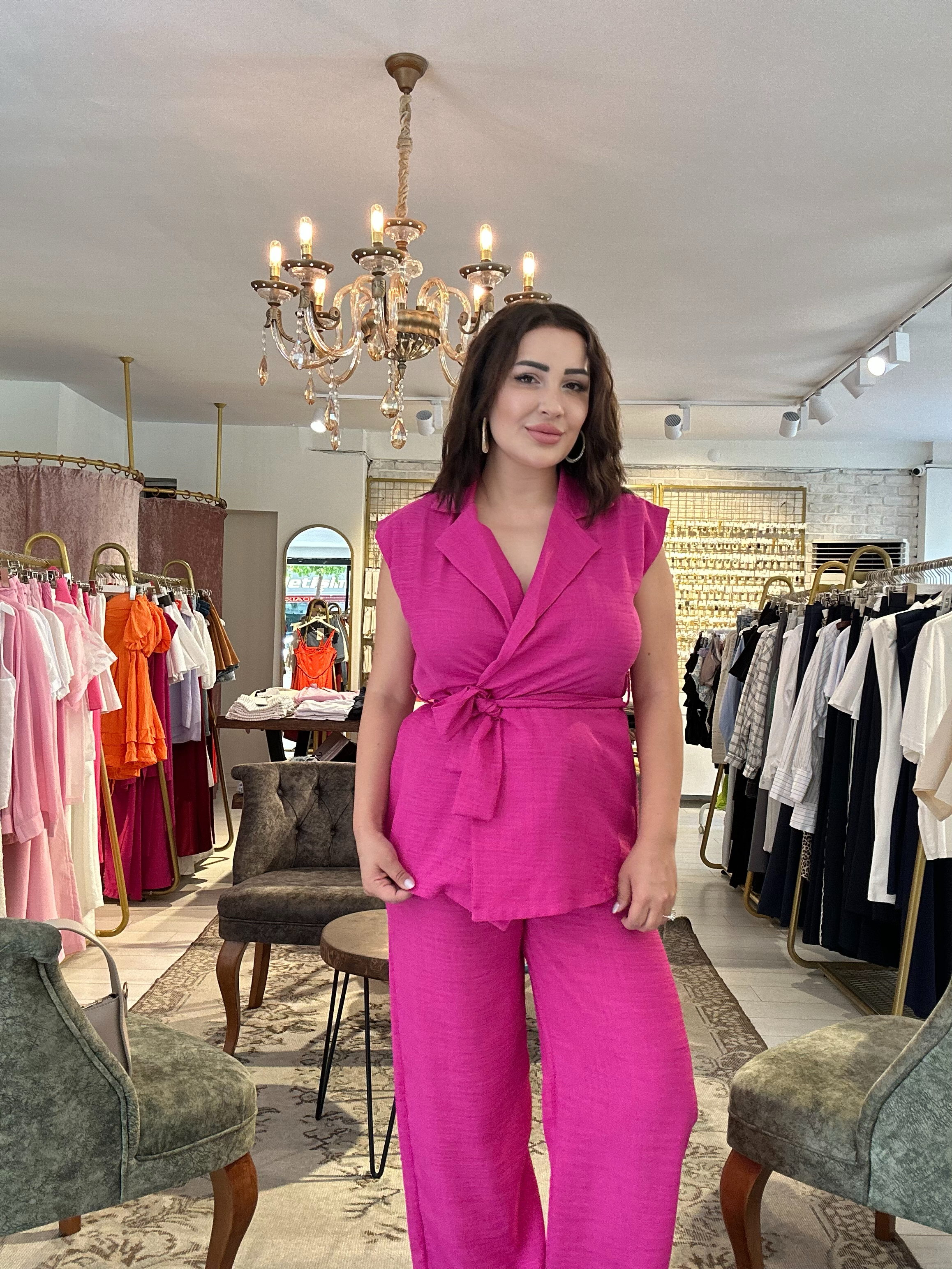 Belden Baglamalı Yelek Pantolon Takım Pembe