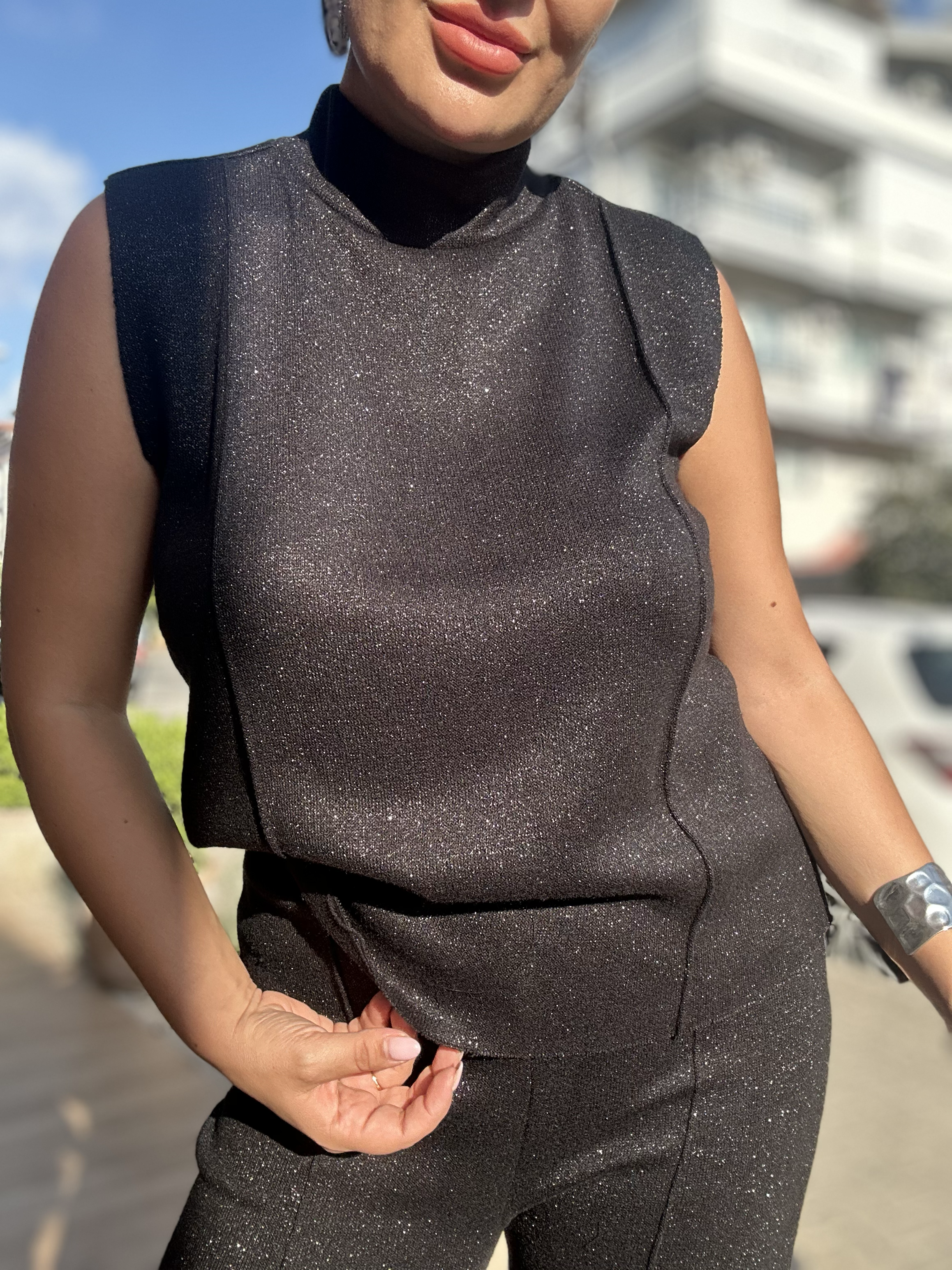 Bluz Pantolon Simli Takım Siyah 