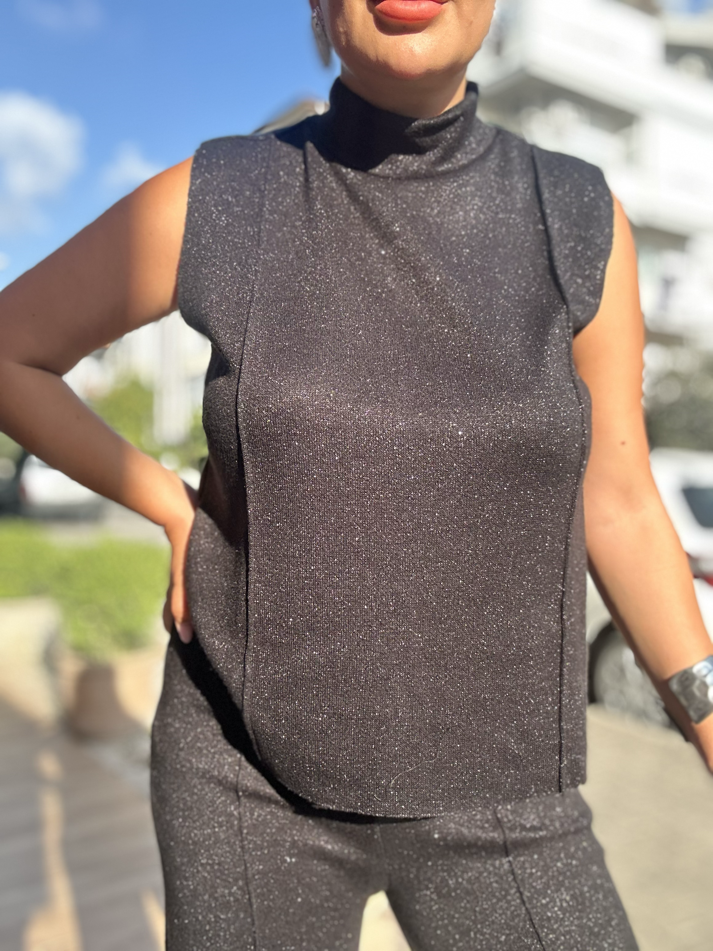 Bluz Pantolon Simli Takım Siyah 