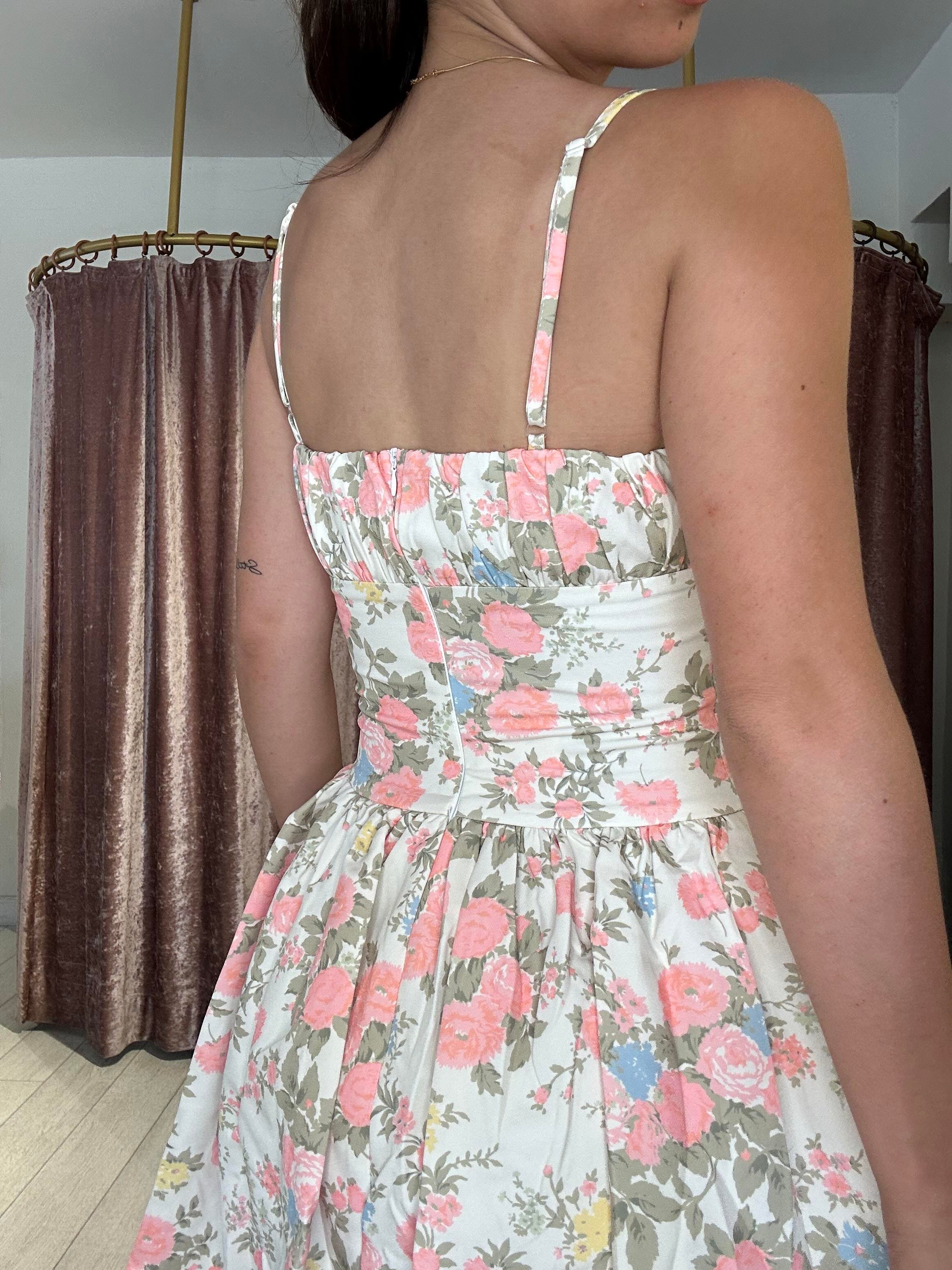 Çiçek Desen Ayarlanabilir Askılı Balon Etek Mini Elbise Bej