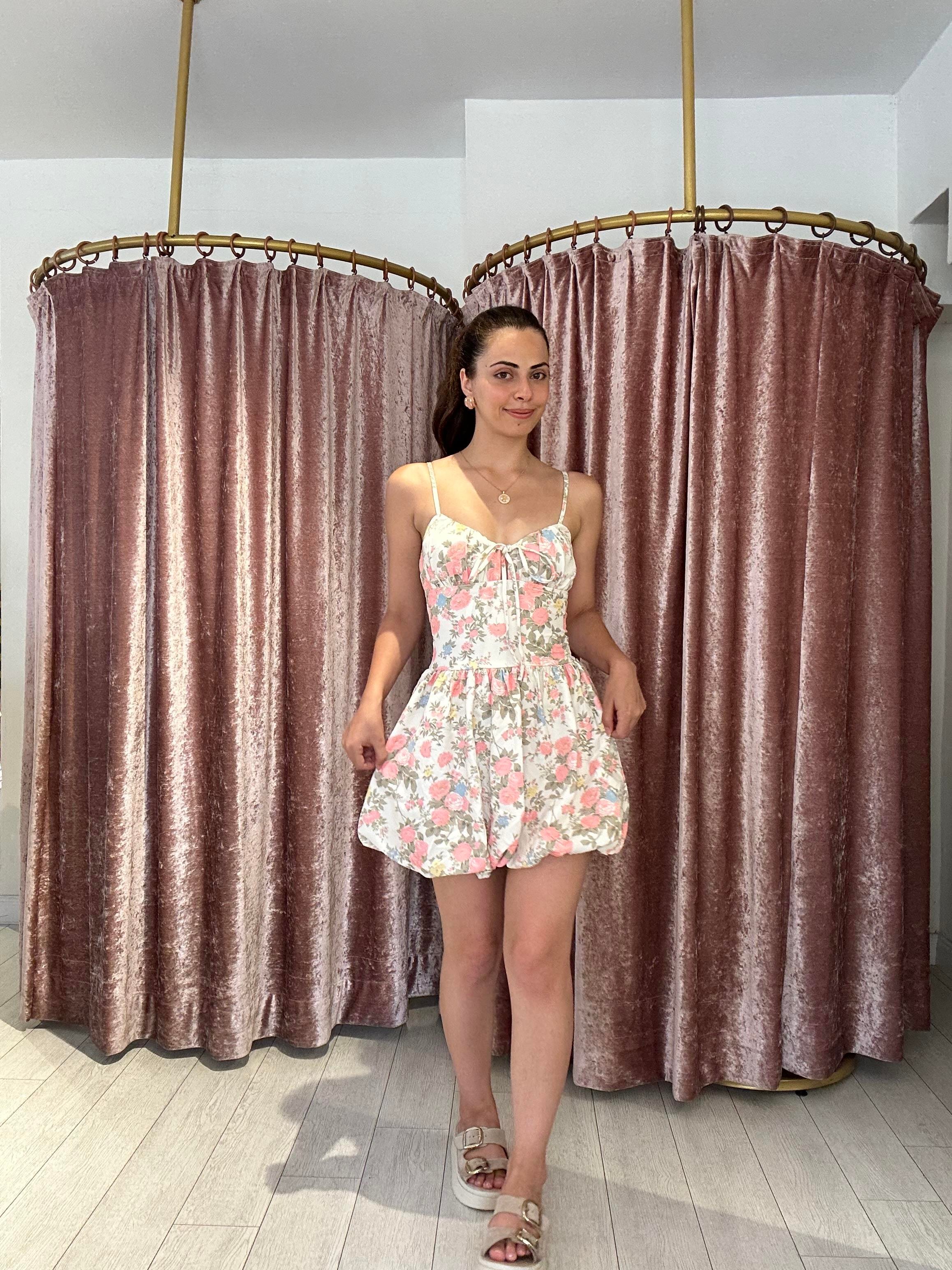 Çiçek Desen Ayarlanabilir Askılı Balon Etek Mini Elbise Bej