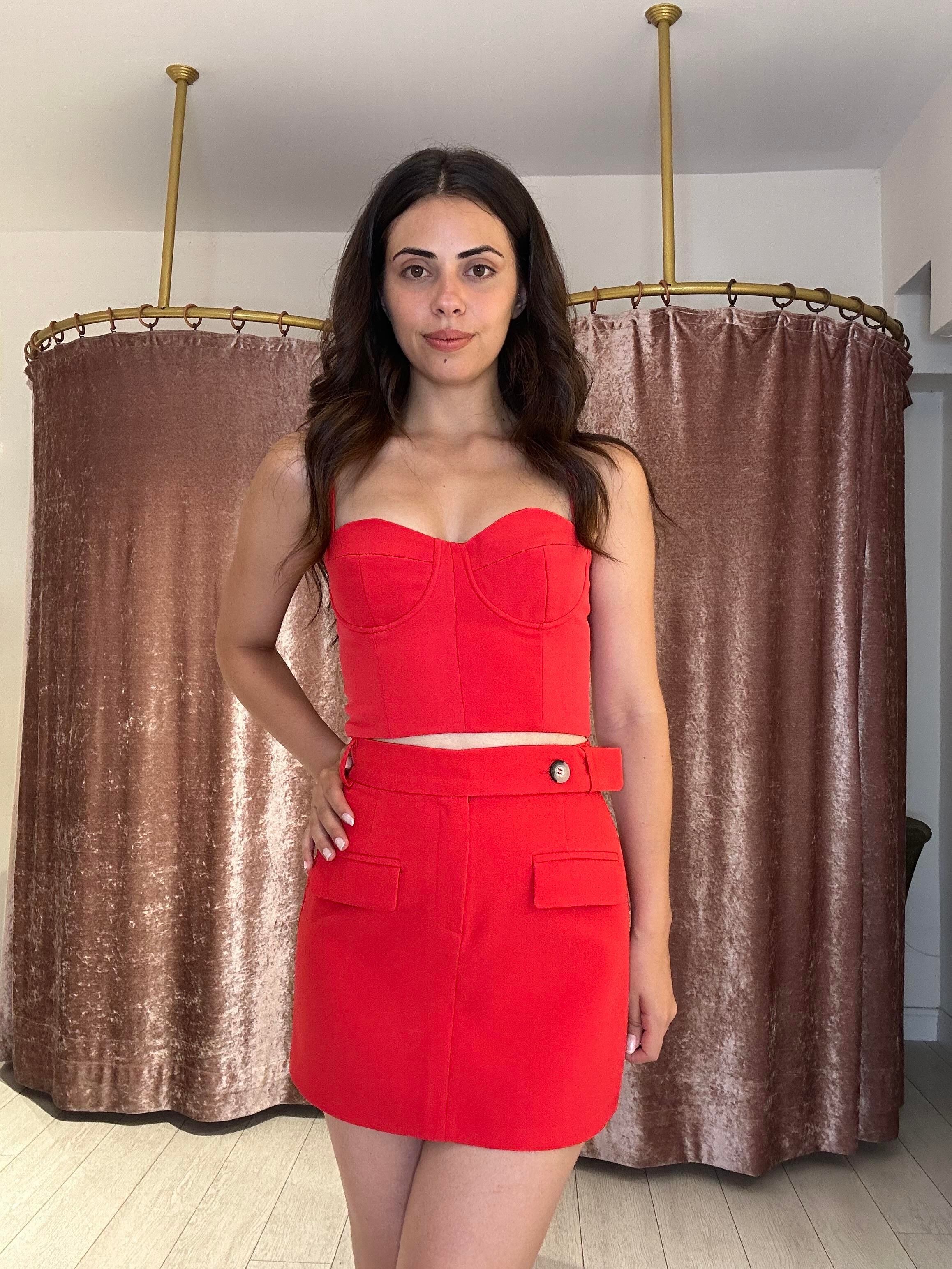 Crop Cep Detay Mini Etek Takım Kırmızı 